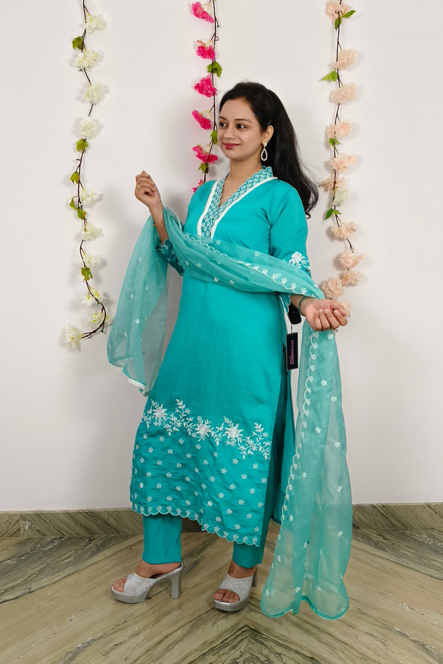 Pakistani Pure Cotton V neck Embroidered Summmer Kurta Set With Organza Duppatta In Firozi
