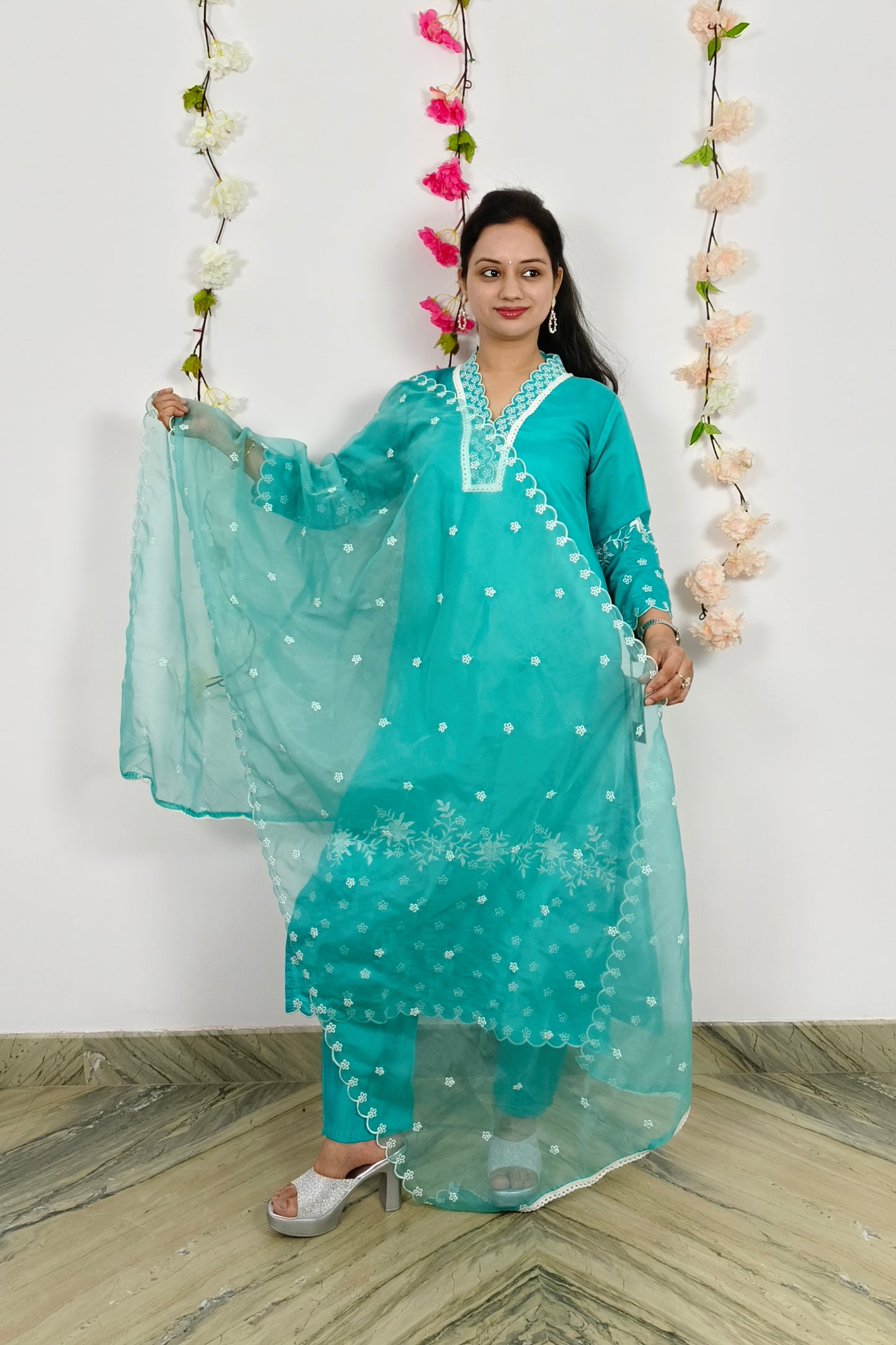 Pakistani Pure Cotton V neck Embroidered Summmer Kurta Set With Organza Duppatta In Firozi