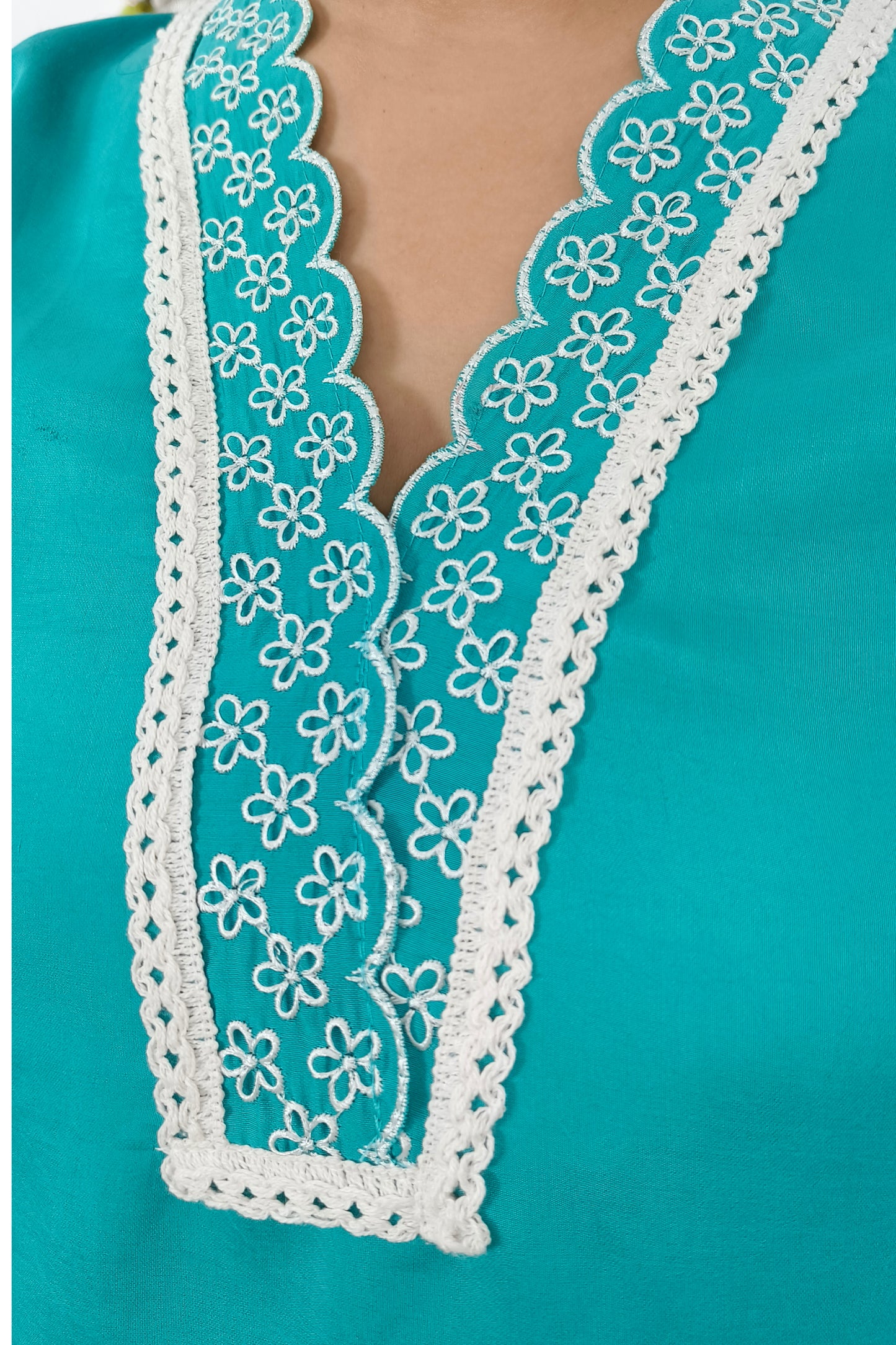 Pakistani Pure Cotton V neck Embroidered Summmer Kurta Set With Organza Duppatta In Firozi