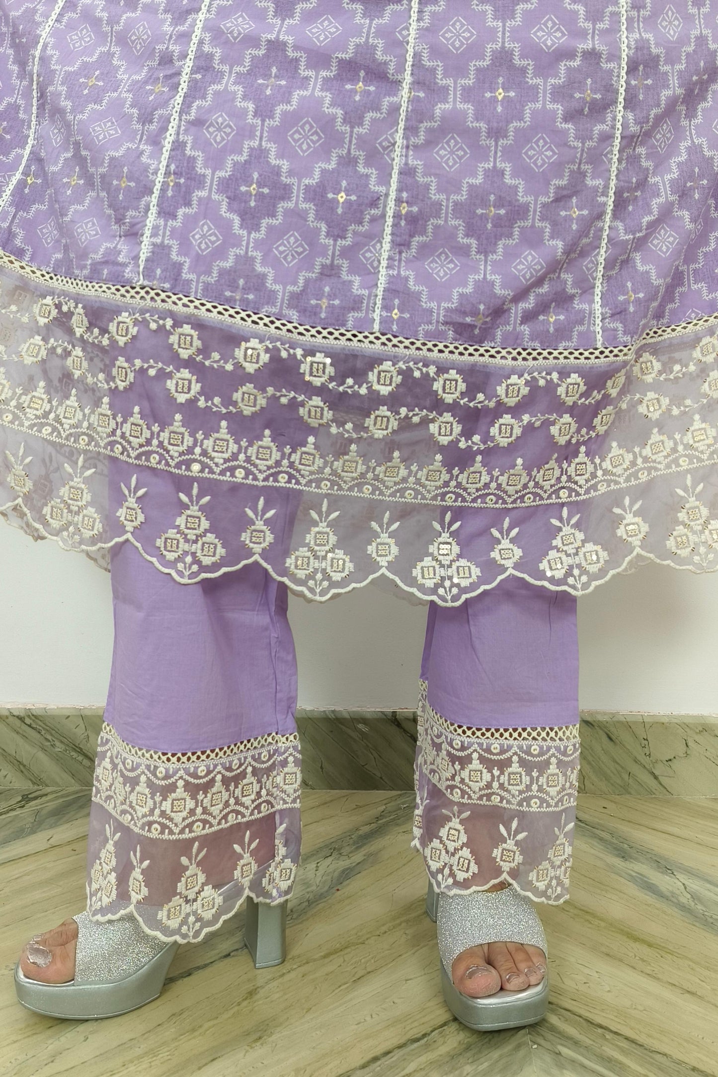 Anarkali MulMul Kurta set With Embroidered Duppatta in Lavender