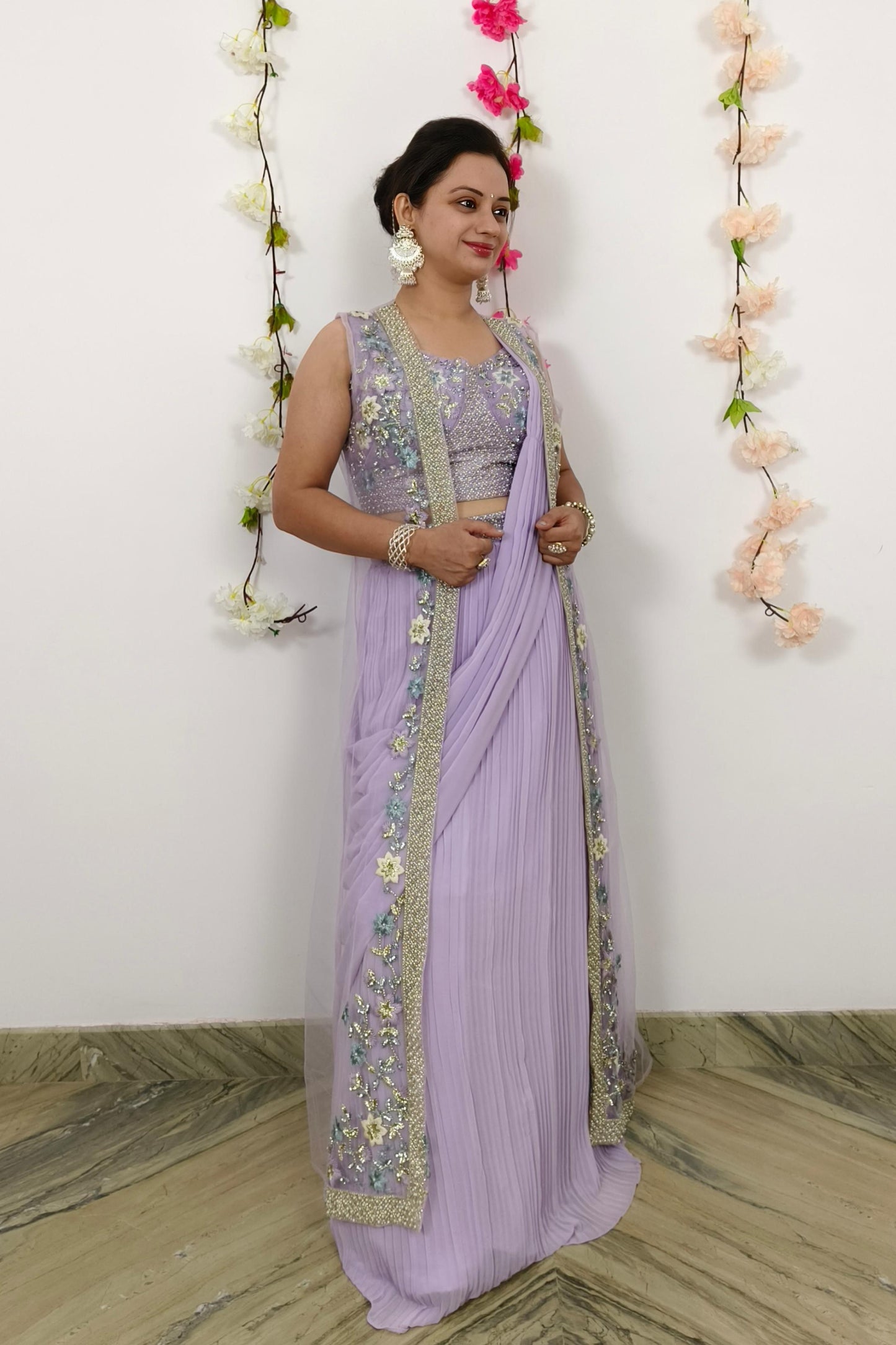 Ready To Wear Drape Dress With Skirt Bottom Alongwith Embroidered Over shrug in Lavender