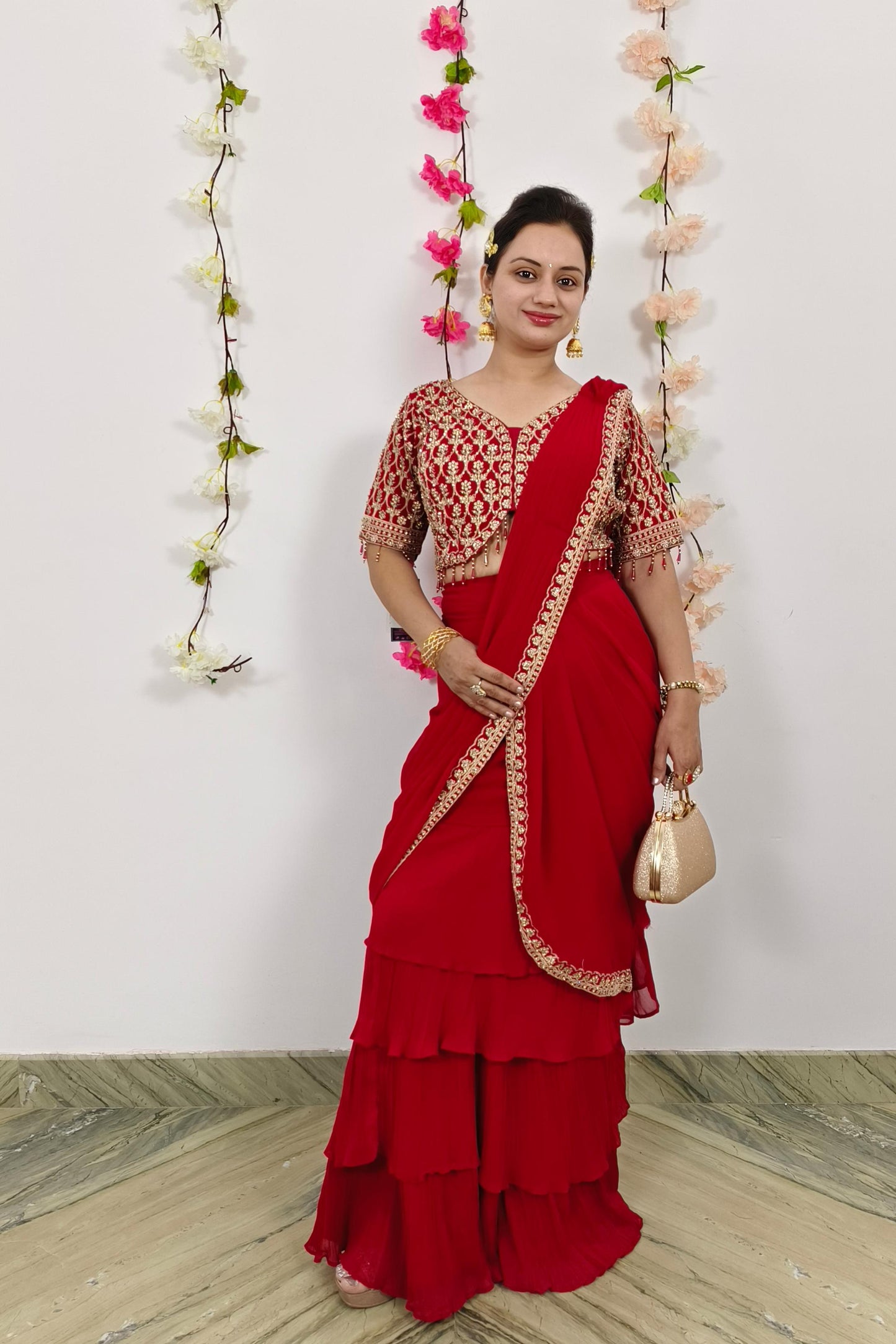 Ready to Wear Georgette Drape Saree With Hand Work Blouse in Red