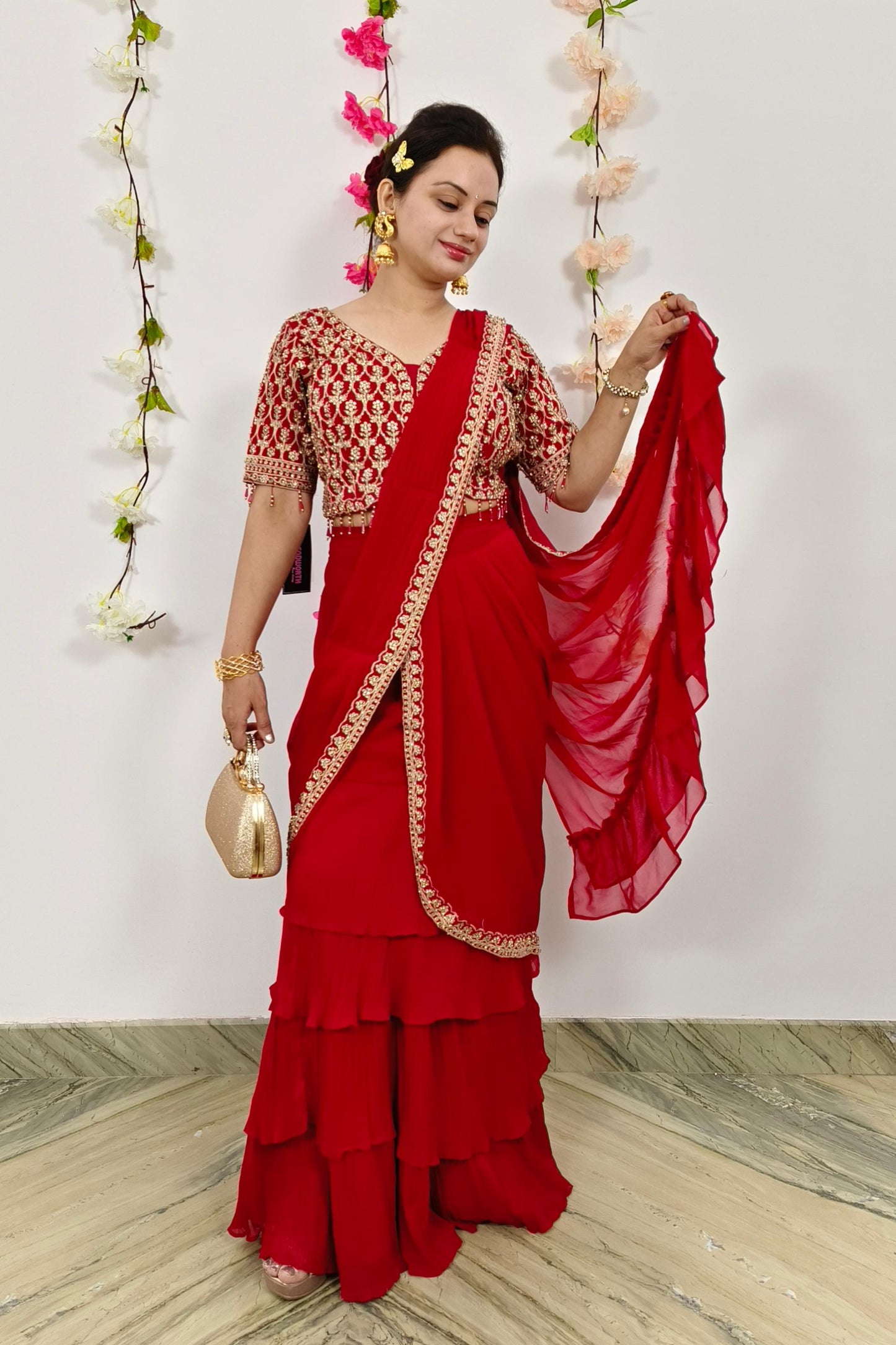 Ready to Wear Georgette Drape Saree With Hand Work Blouse in Red