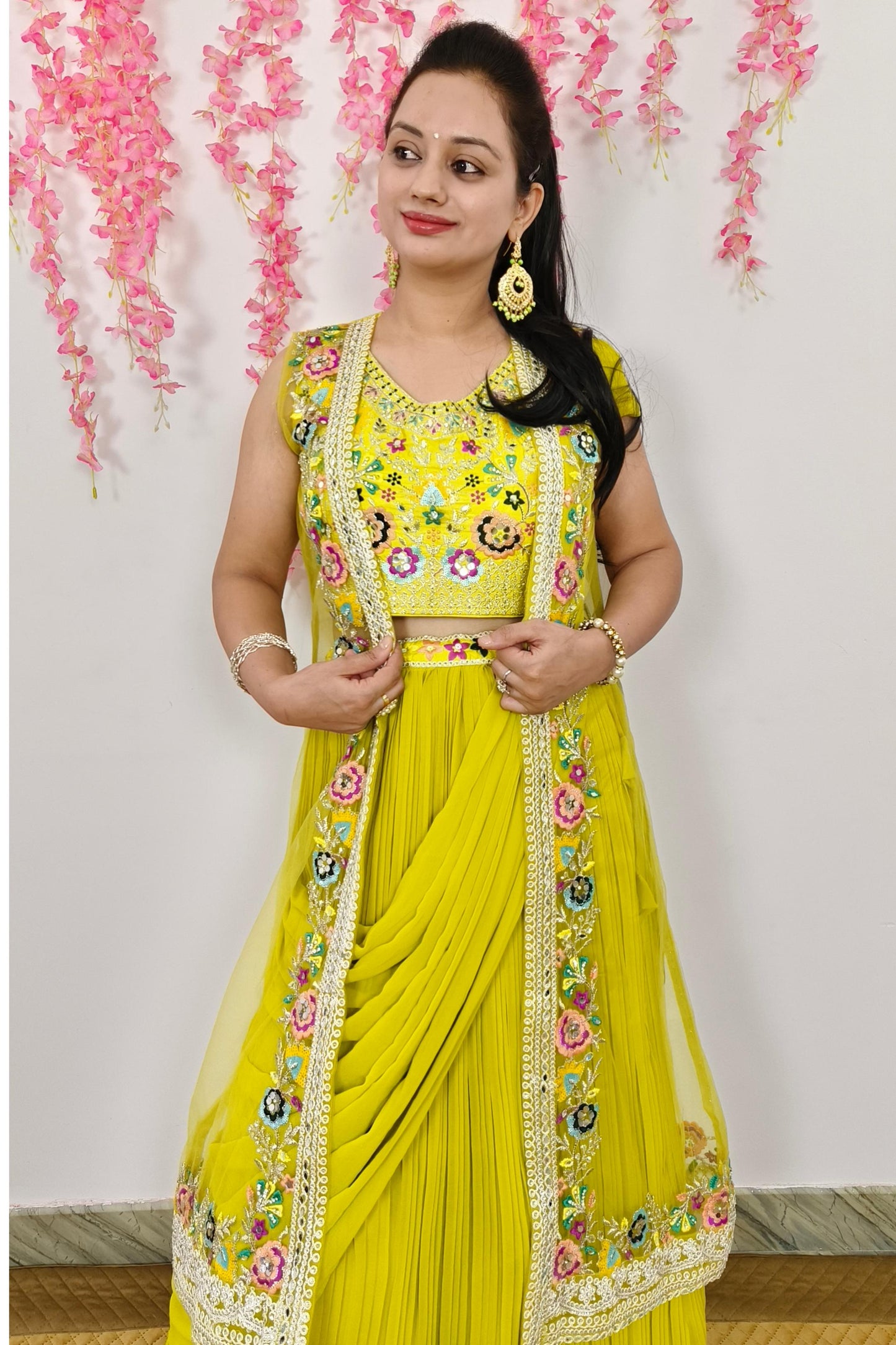 Indo Western Dress With Separate Net Embroidered Overshrug in Neon Yellow