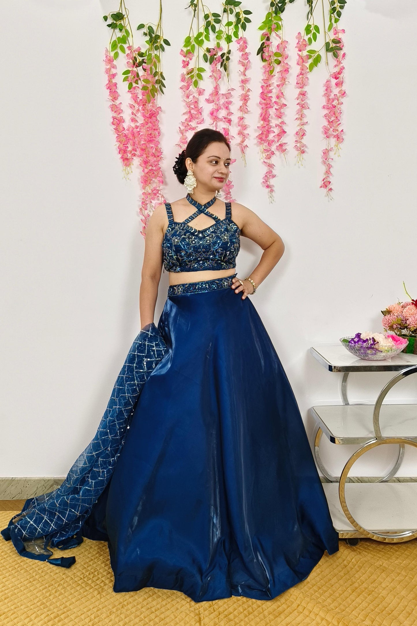 Designer Partywear Organza Crop top Skirt In Royal Blue