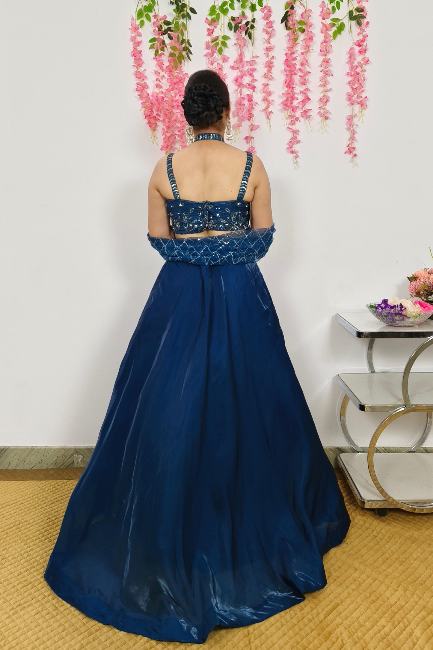 Designer Partywear Organza Crop top Skirt In Royal Blue
