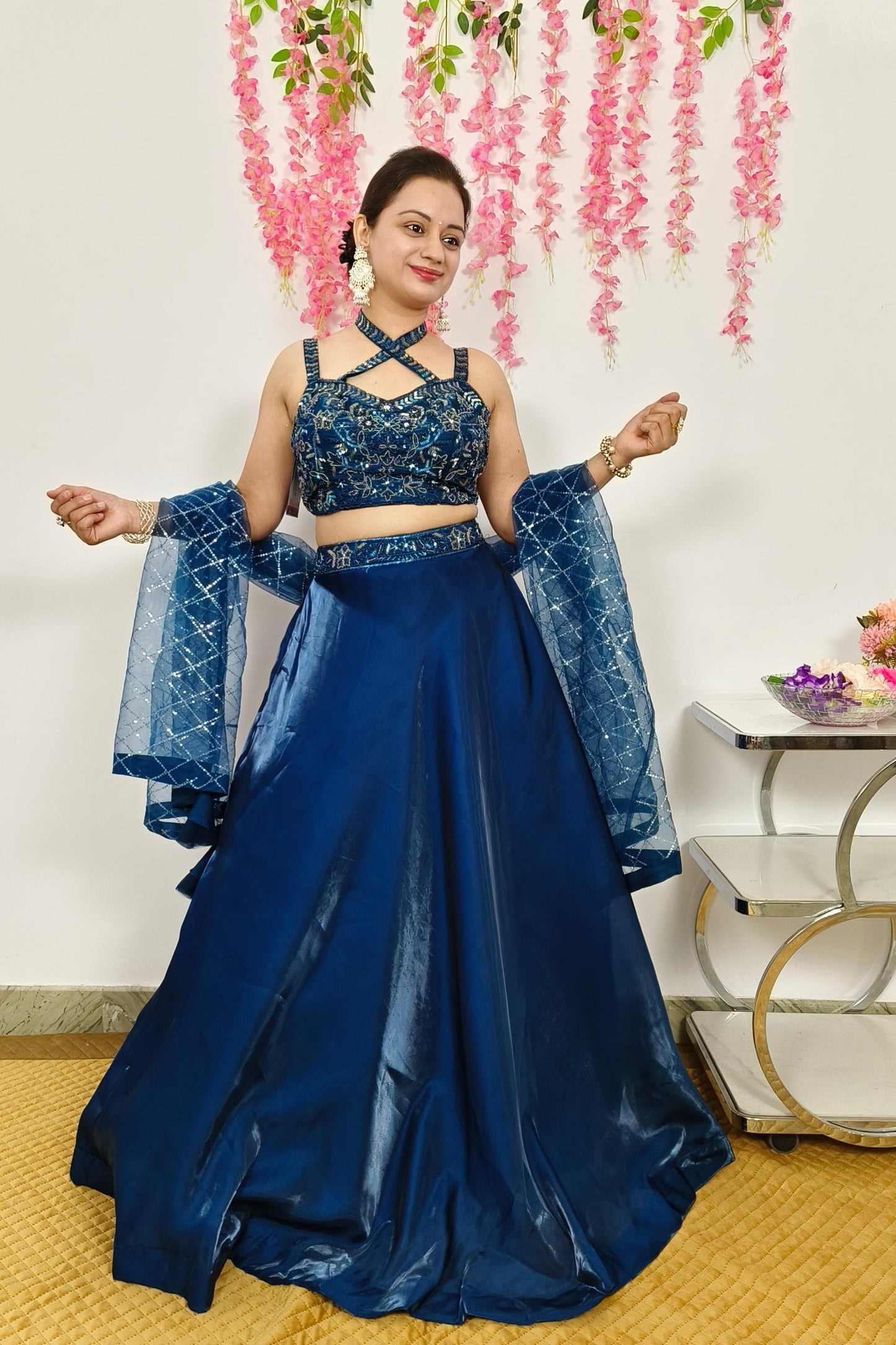 Designer Partywear Organza Crop top Skirt In Royal Blue