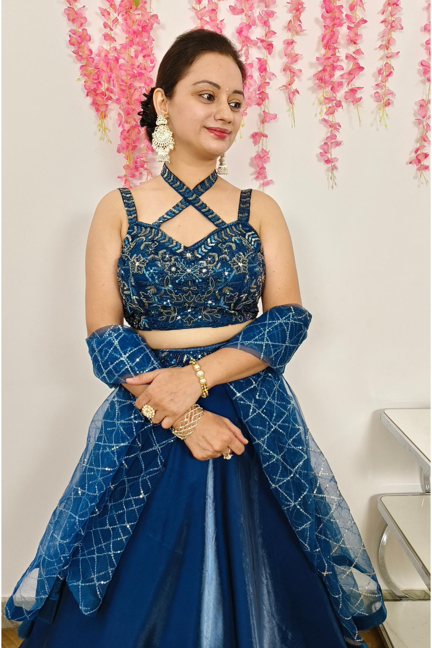 Designer Partywear Organza Crop top Skirt In Royal Blue