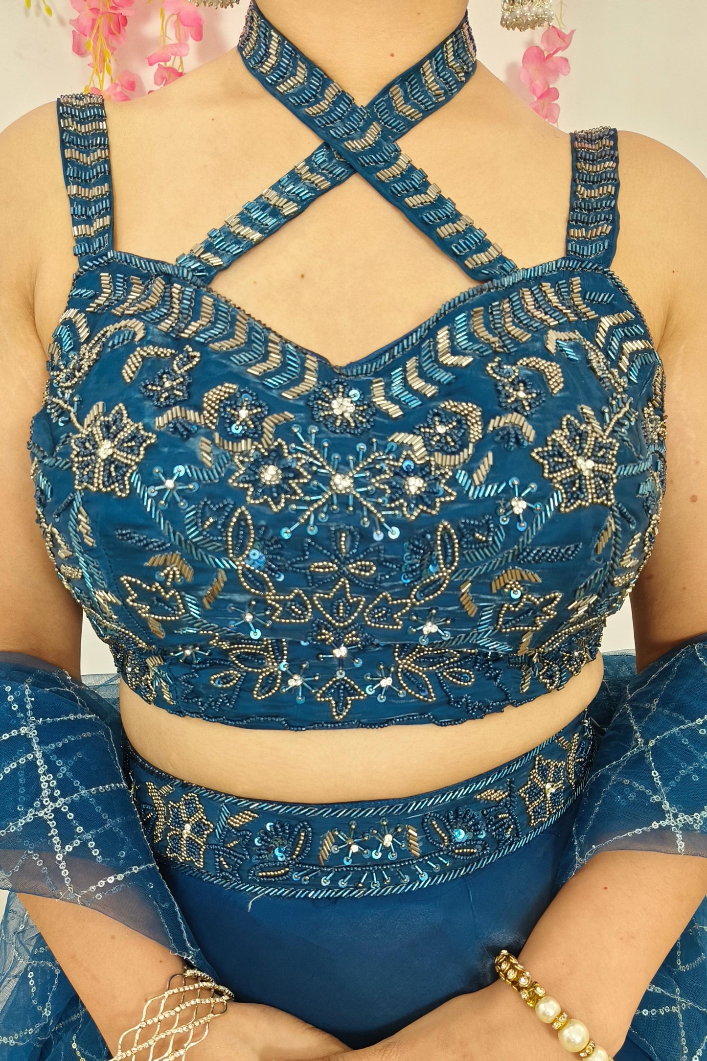 Designer Partywear Organza Crop top Skirt In Royal Blue