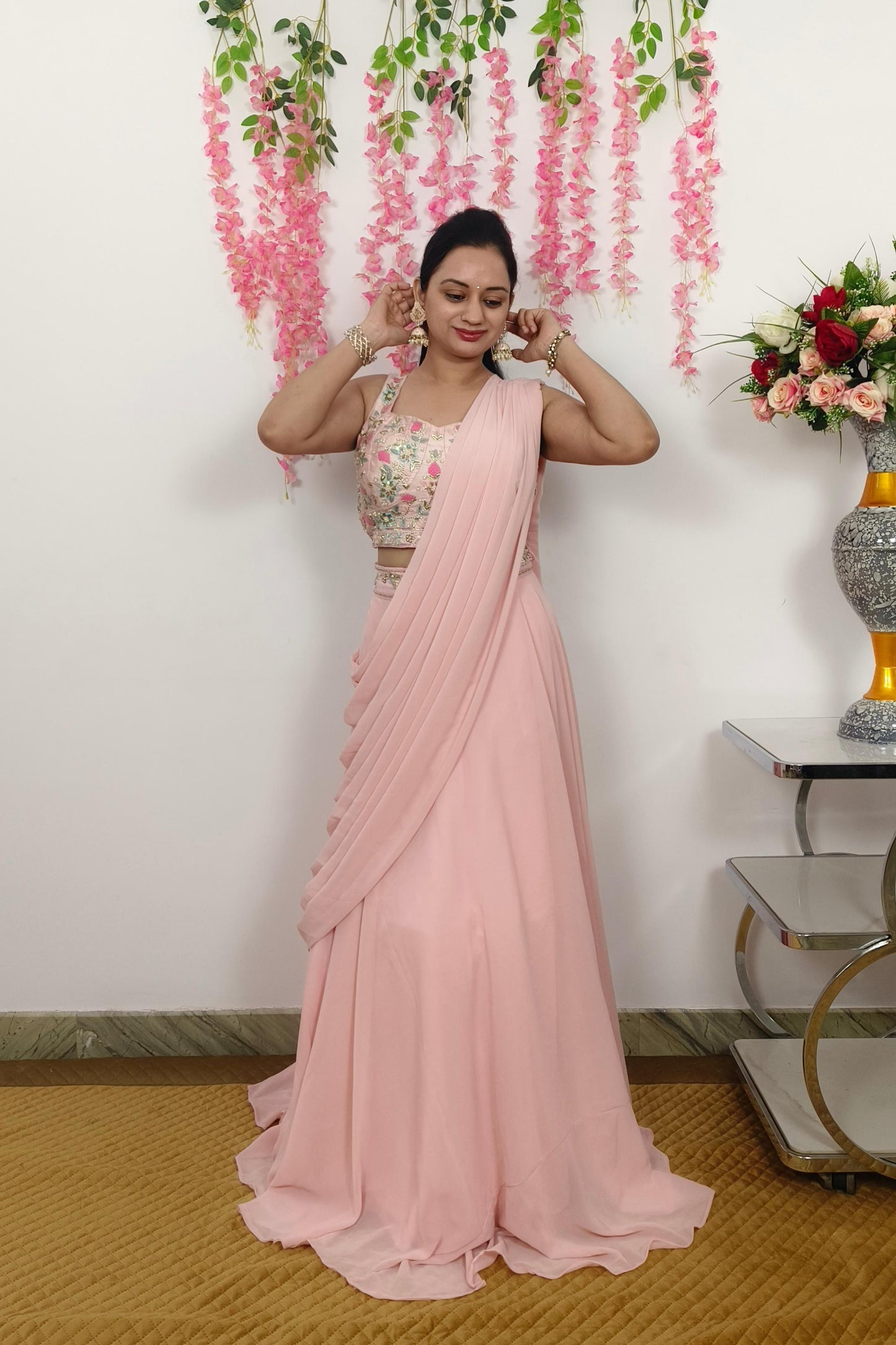 Indo western Drape Dress With Embroidered Overshrug in Lotus pink