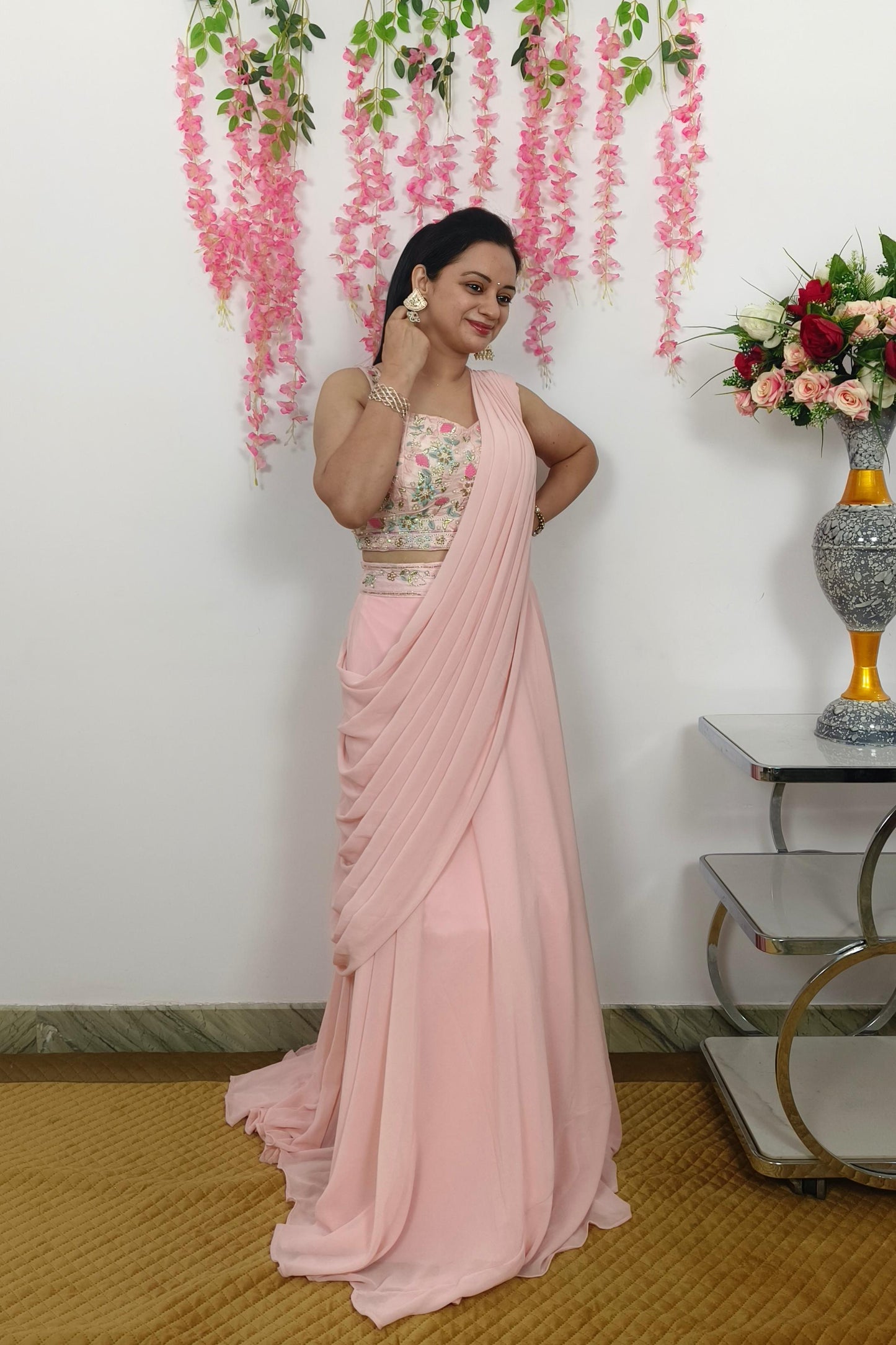 Indo western Drape Dress With Embroidered Overshrug in Lotus pink