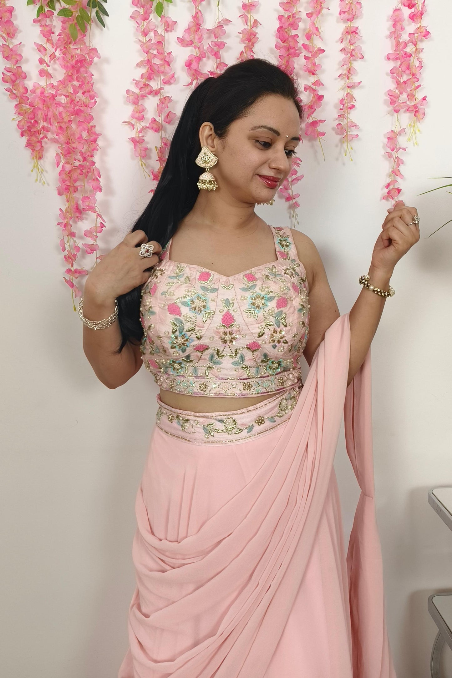 Indo western Drape Dress With Embroidered Overshrug in Lotus pink