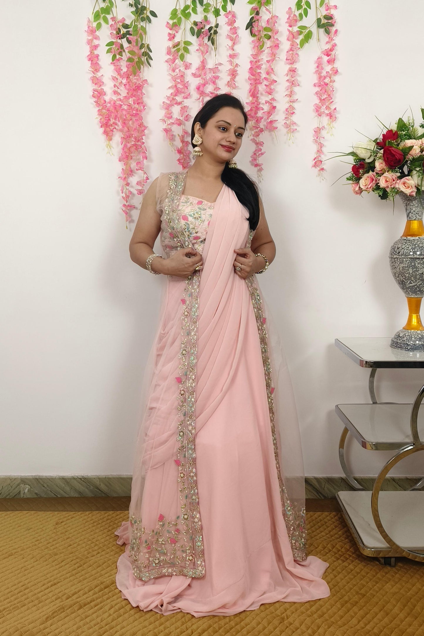 Indo western Drape Dress With Embroidered Overshrug in Lotus pink