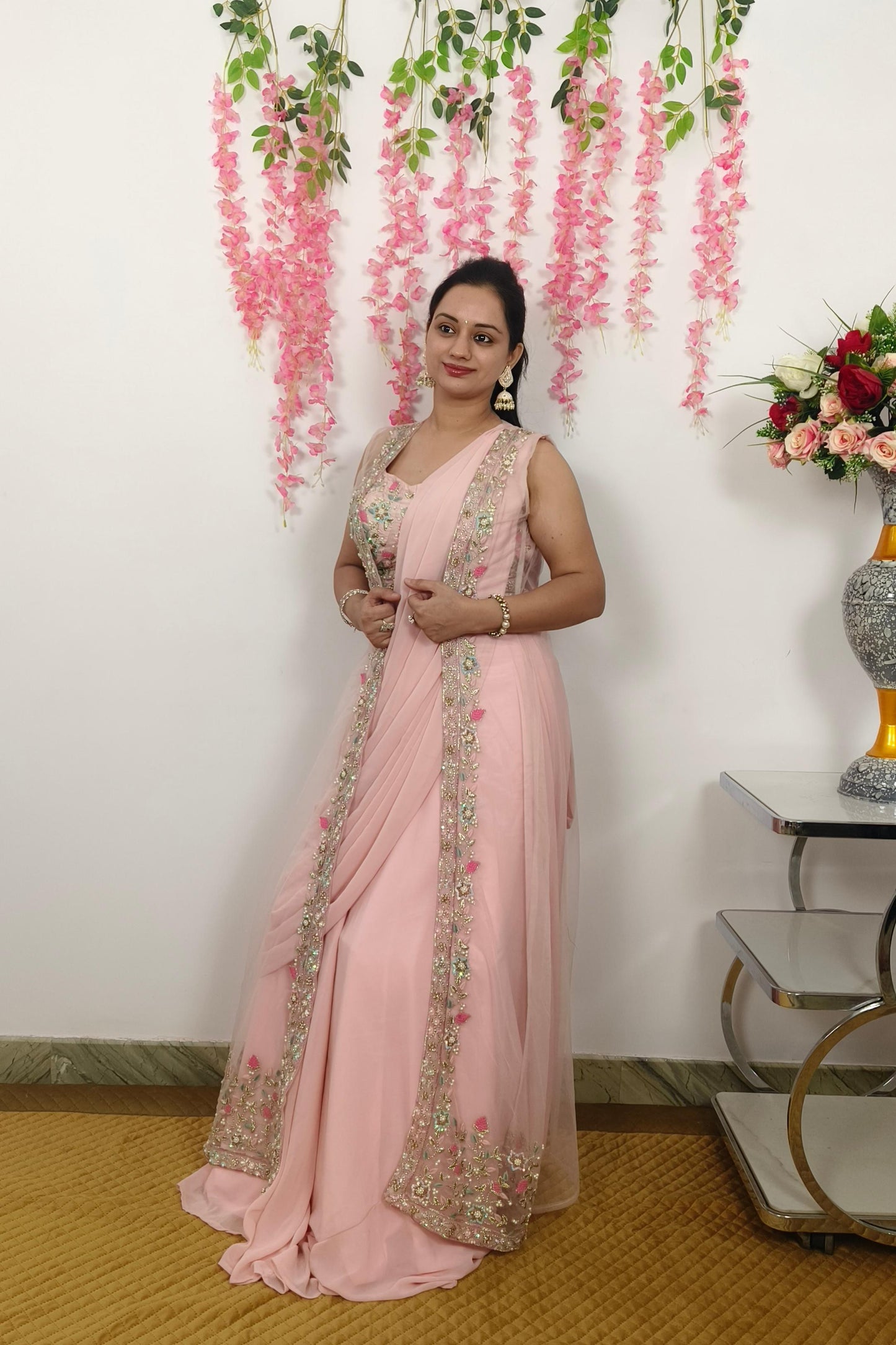 Indo western Drape Dress With Embroidered Overshrug in Lotus pink