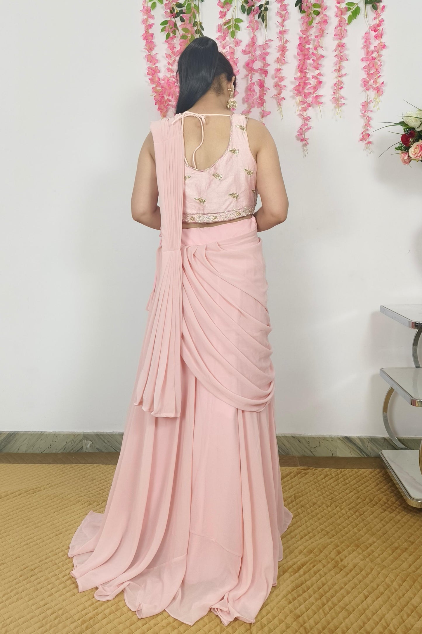 Indo western Drape Dress With Embroidered Overshrug in Lotus pink
