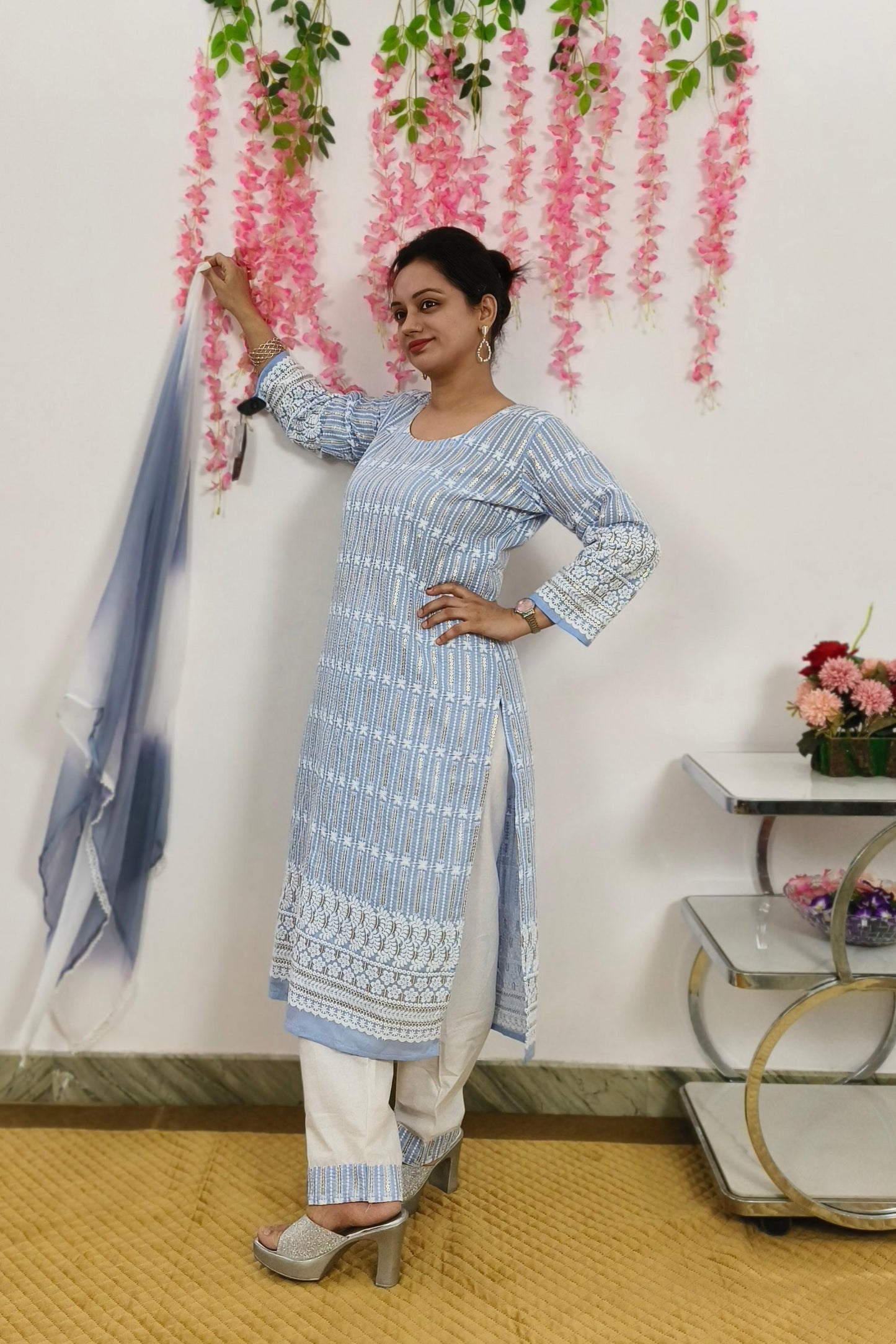Straight Chikan ThreadWork Cotton Suit Set For Casual Wear In sky Blue