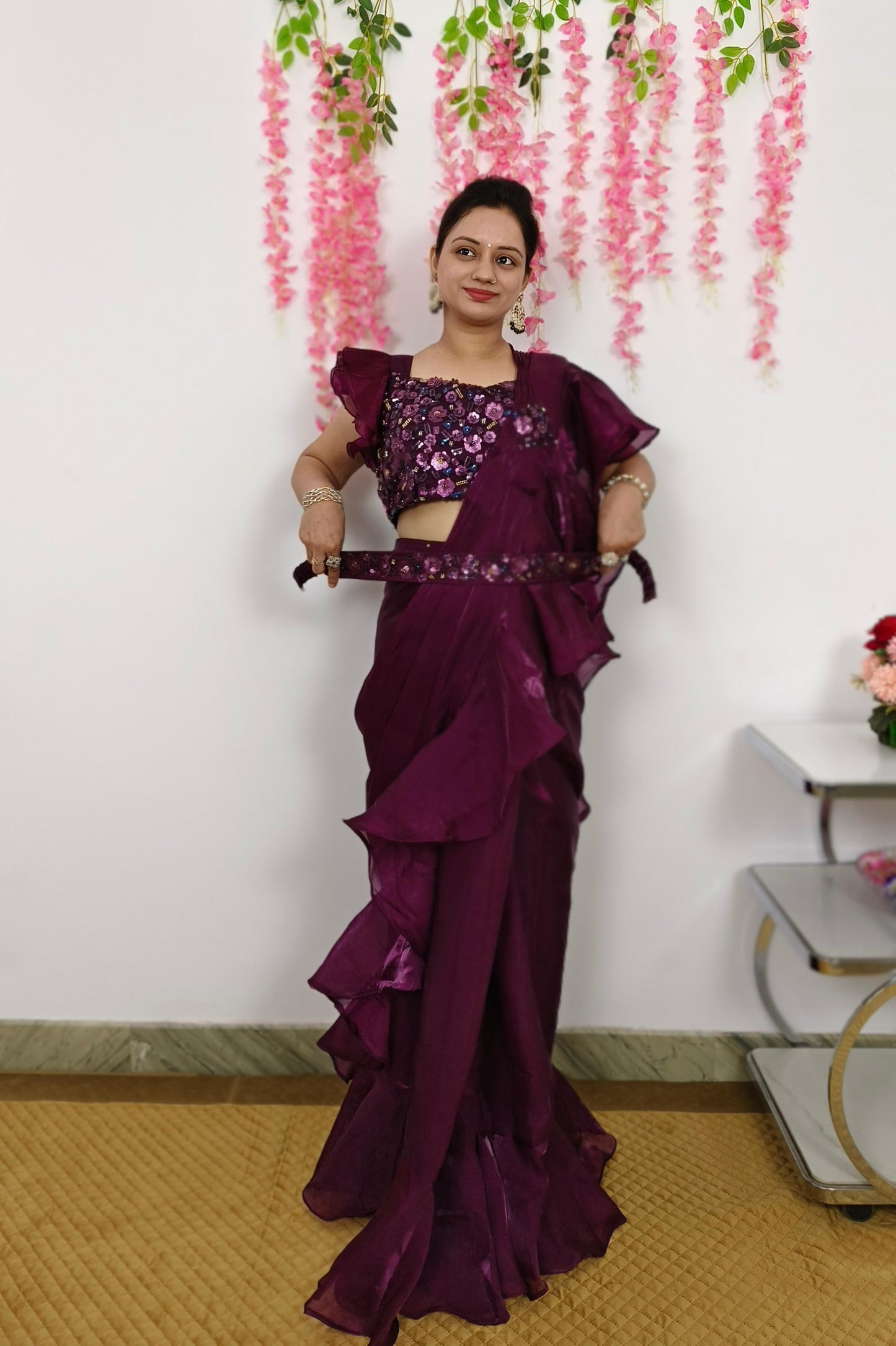Designer Ruffle Blouse Partywear Ready To Wear Drape saree in Organza