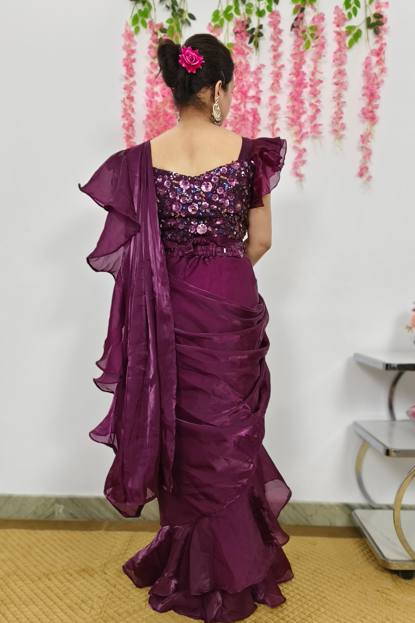 Designer Ruffle Blouse Partywear Ready To Wear Drape saree in Organza