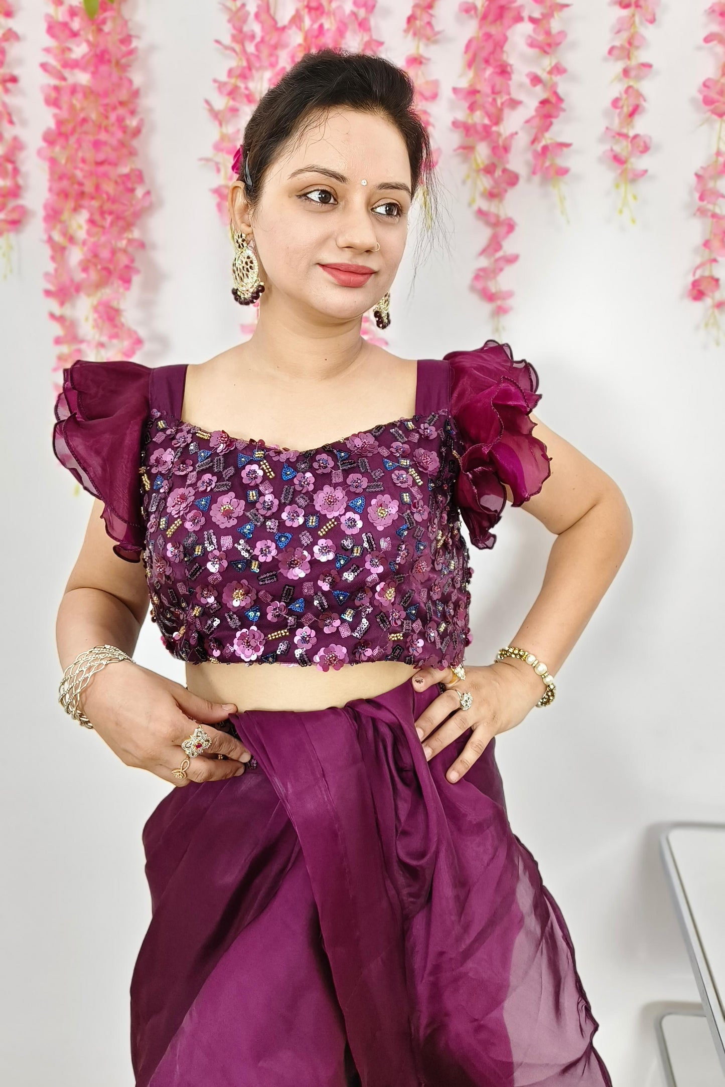 Designer Ruffle Blouse Partywear Ready To Wear Drape saree in Organza