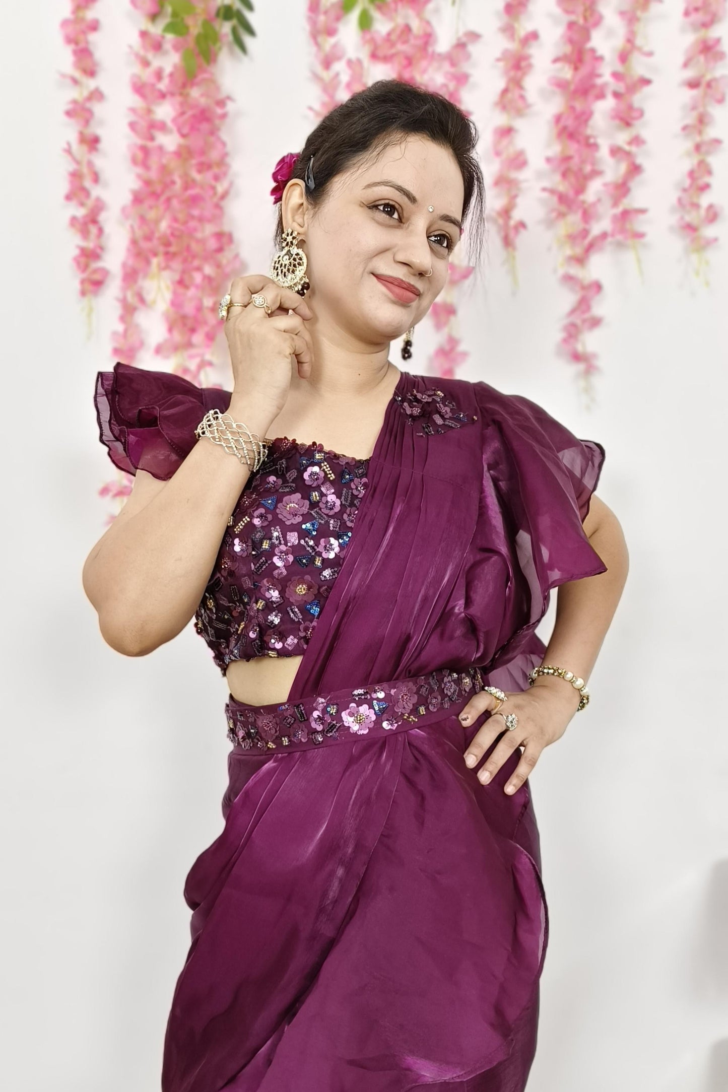 Designer Ruffle Blouse Partywear Ready To Wear Drape saree in Organza