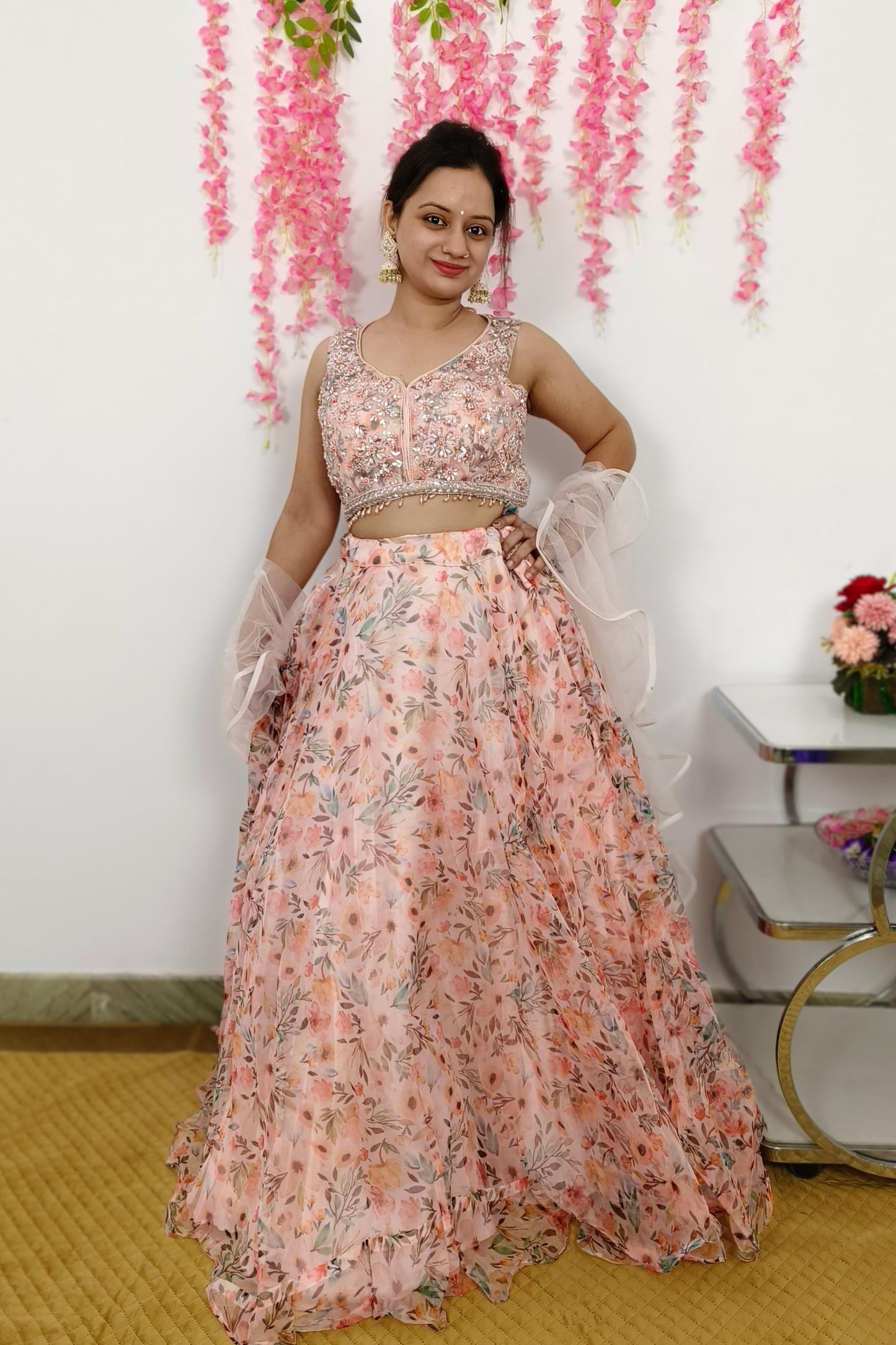 Floral Printed Organza Crop Top Skirt With Hand Work Blouse in Pink