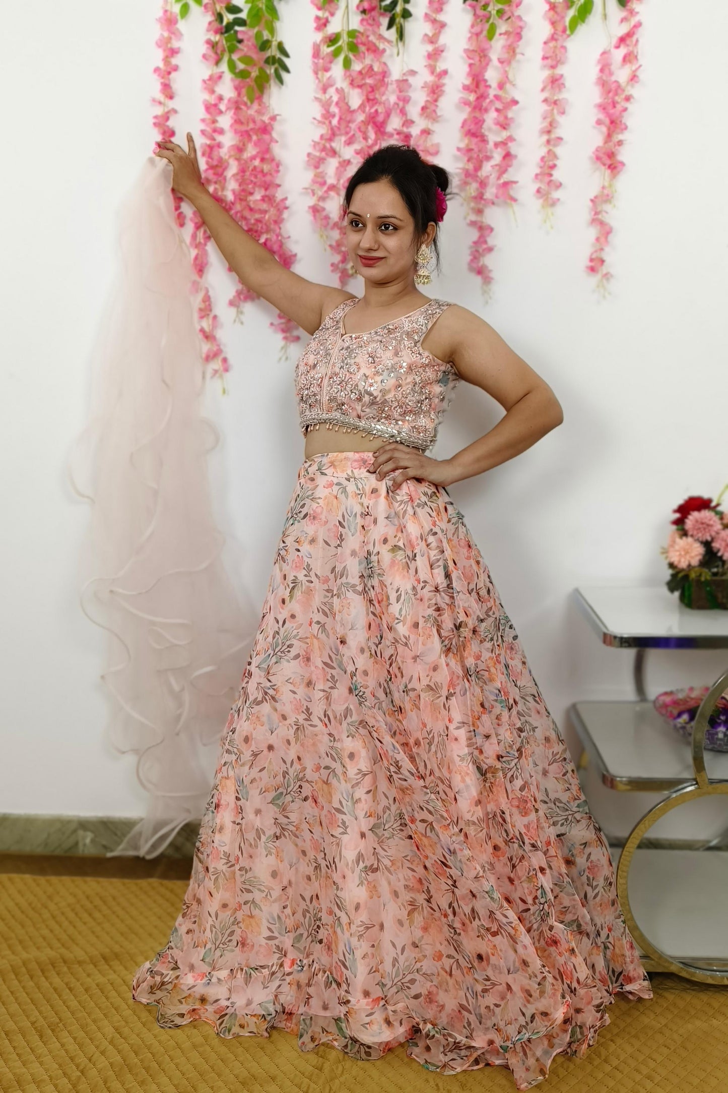 Floral Printed Organza Crop Top Skirt With Hand Work Blouse in Pink