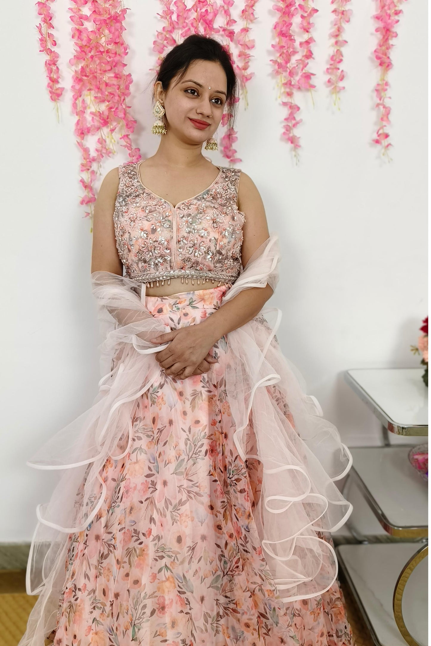 Floral Printed Organza Crop Top Skirt With Hand Work Blouse in Pink
