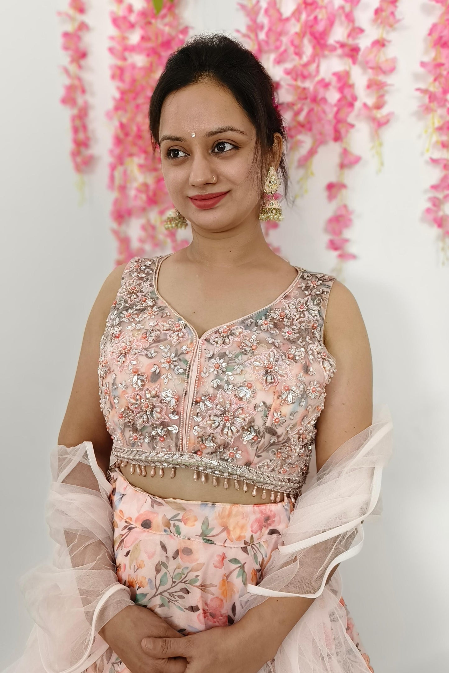 Floral Printed Organza Crop Top Skirt With Hand Work Blouse in Pink