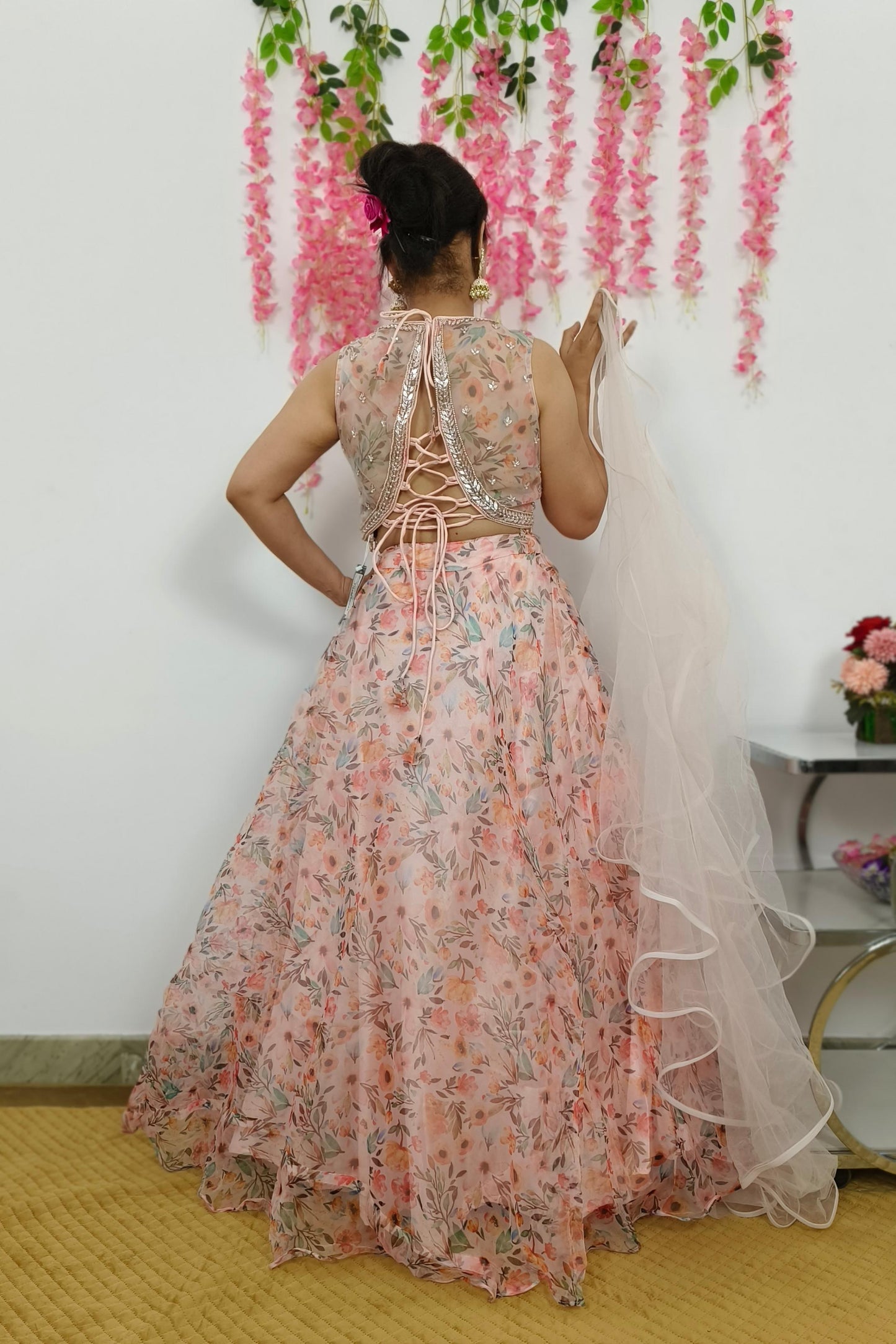 Floral Printed Organza Crop Top Skirt With Hand Work Blouse in Pink