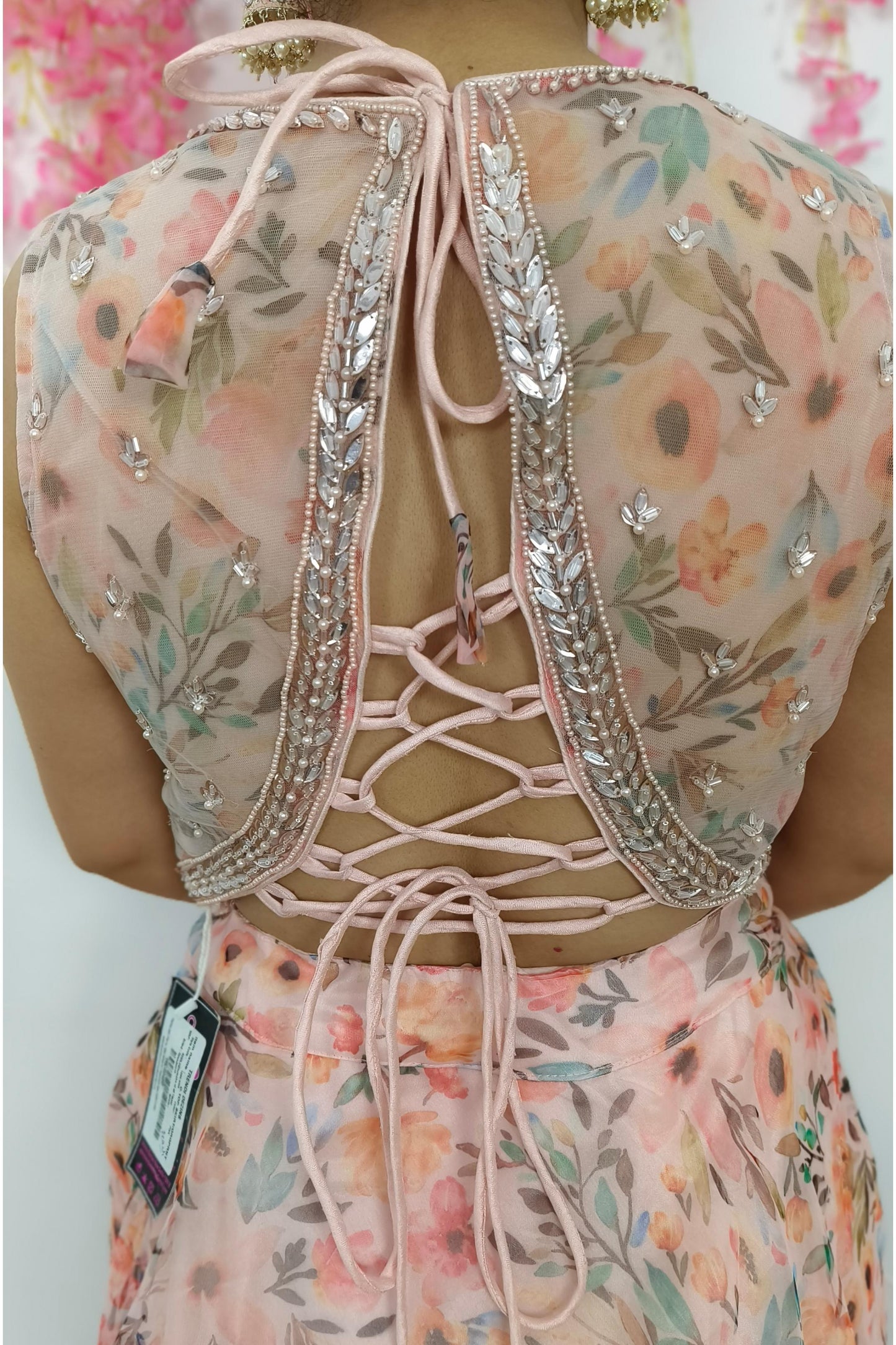 Floral Printed Organza Crop Top Skirt With Hand Work Blouse in Pink