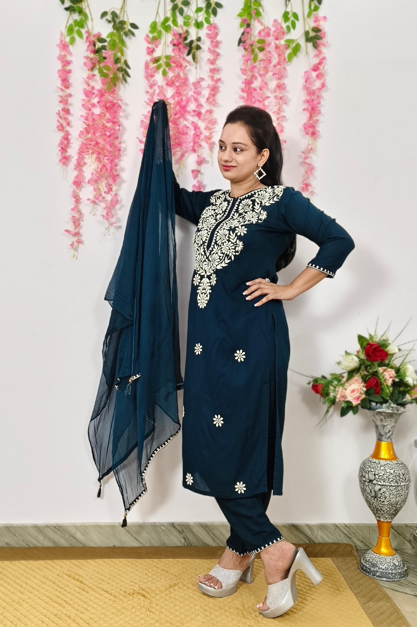 Straight Summer Suit Set With Chiffon Duppatta In Blue