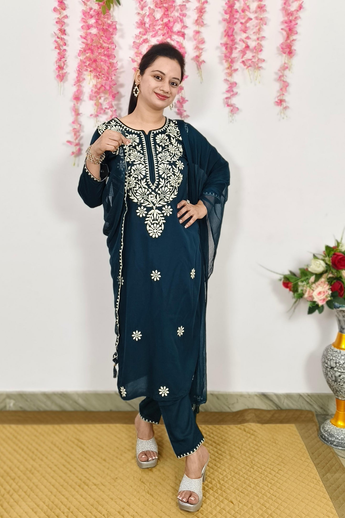 Straight Summer Suit Set With Chiffon Duppatta In Blue