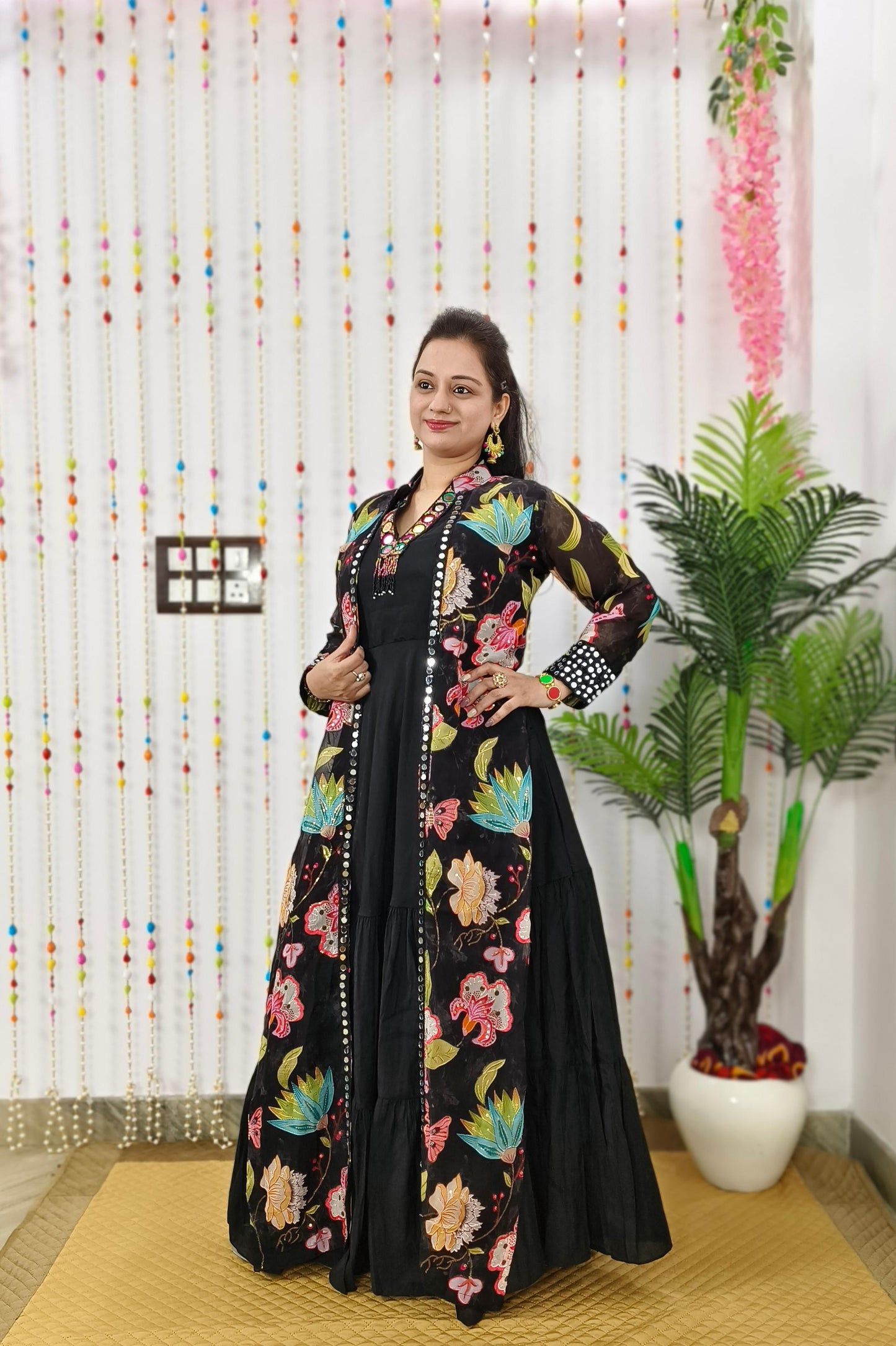 Indo Western One Piece Dress With Long Over shrug In Floral  Black