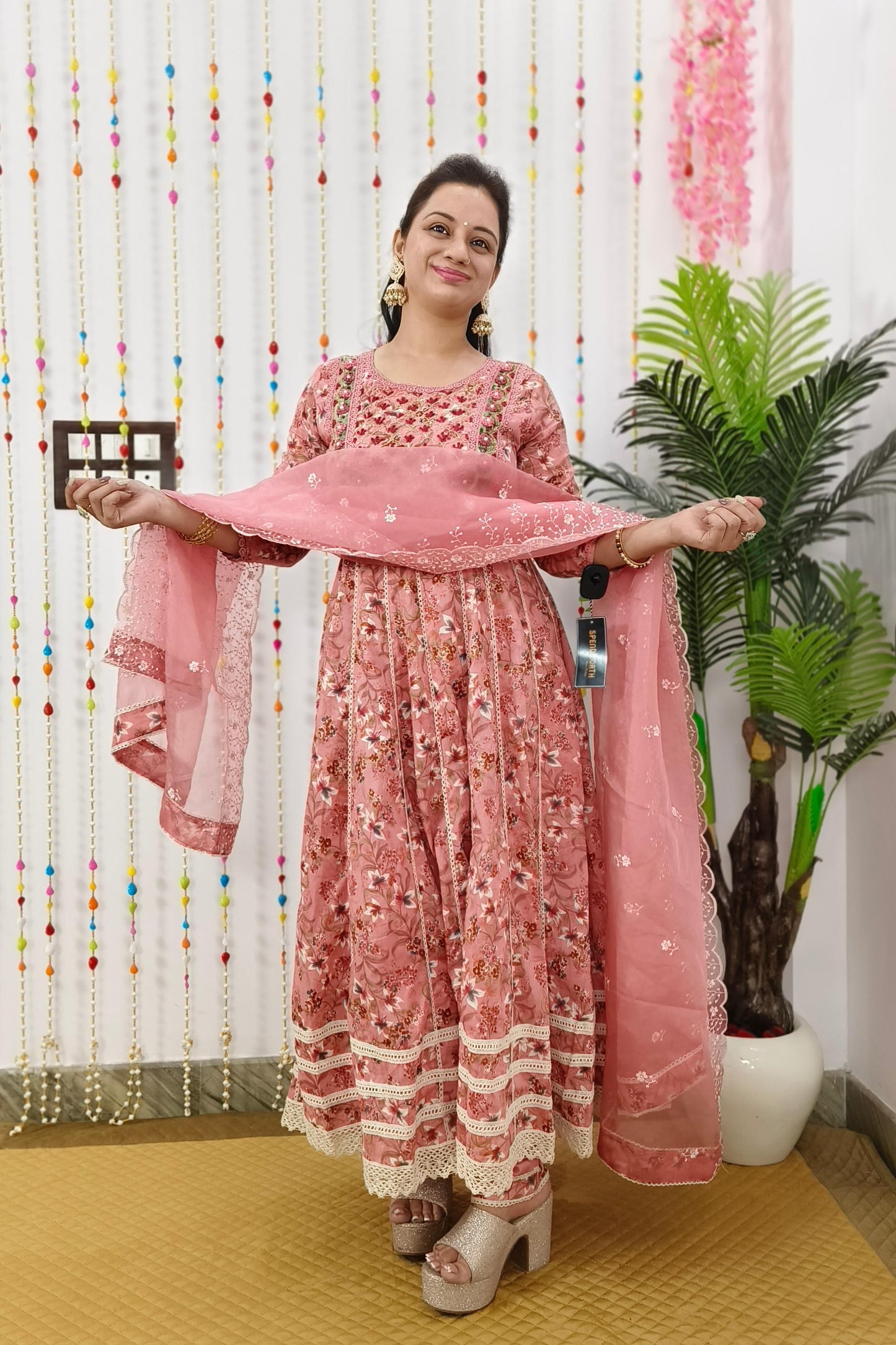 Full Flared Pure MulMul Anarkali Embroidered Suit Set In Mauve