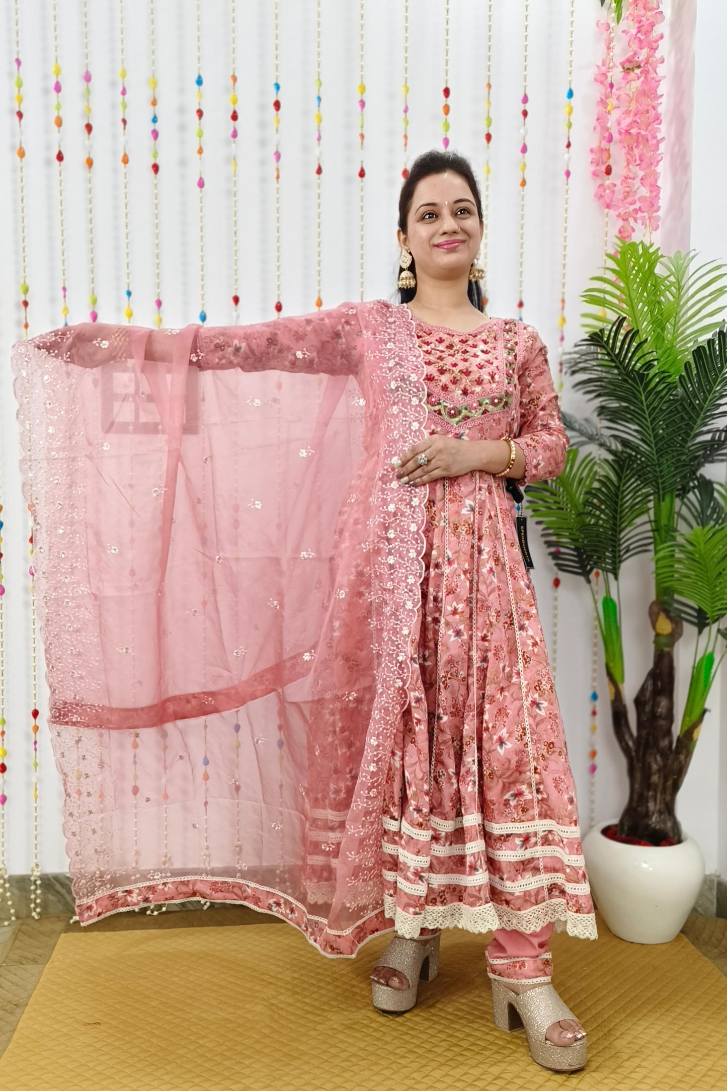Full Flared Pure MulMul Anarkali Embroidered Suit Set In Mauve