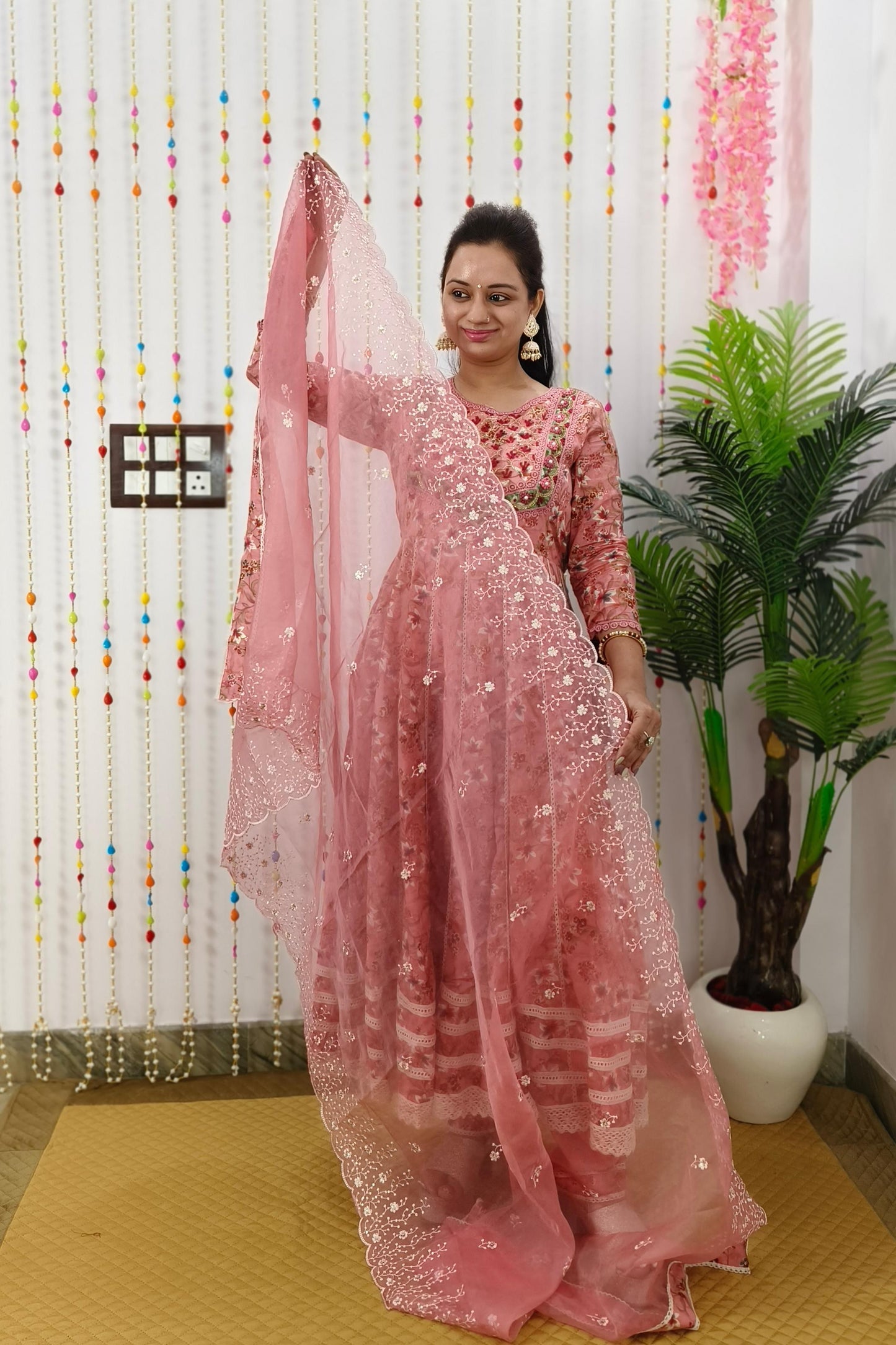Full Flared Pure MulMul Anarkali Embroidered Suit Set In Mauve
