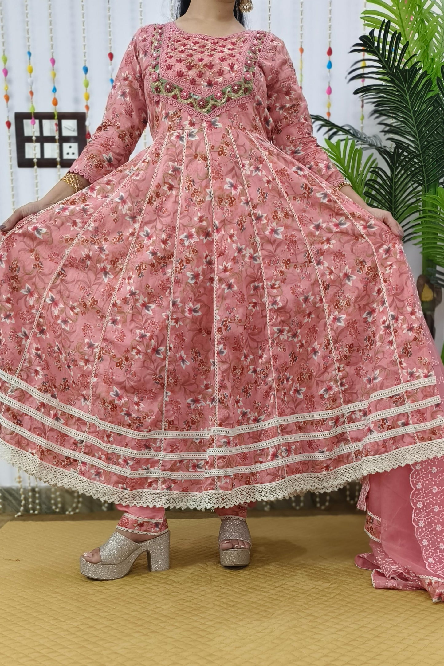 Full Flared Pure MulMul Anarkali Embroidered Suit Set In Mauve