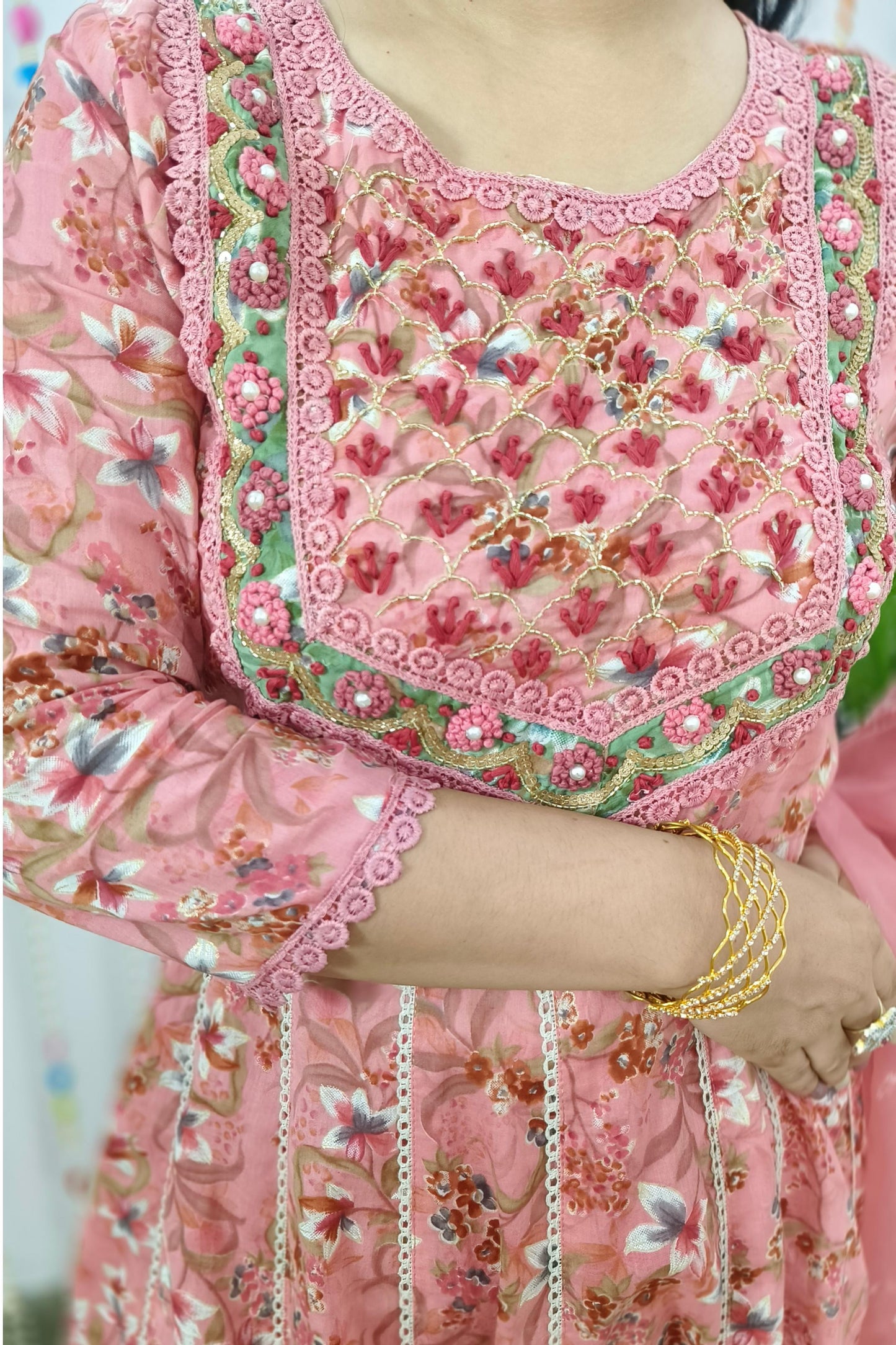 Full Flared Pure MulMul Anarkali Embroidered Suit Set In Mauve