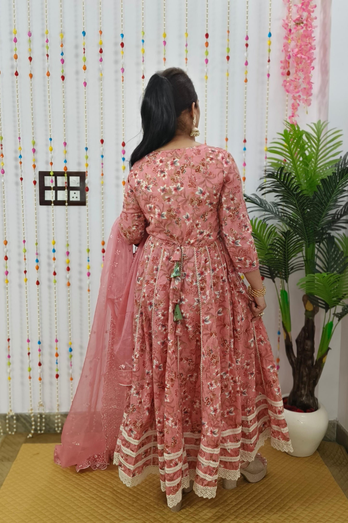 Full Flared Pure MulMul Anarkali Embroidered Suit Set In Mauve