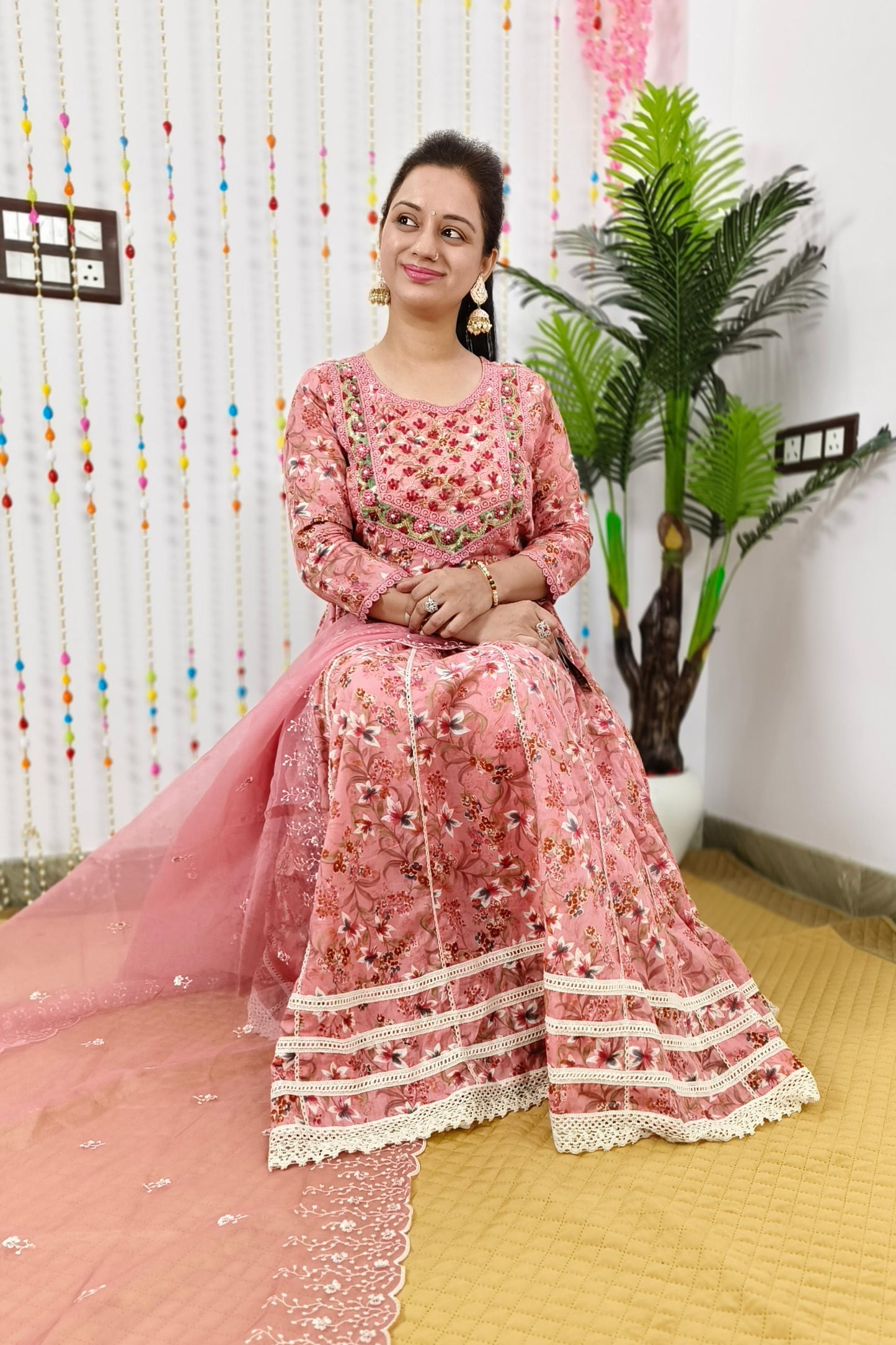Full Flared Pure MulMul Anarkali Embroidered Suit Set In Mauve