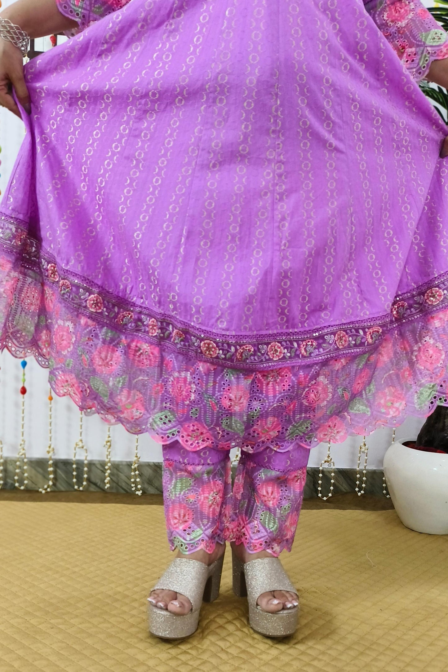 Wow Anarkali Embroidered Suit Set In Cotton Dobby With Beautiful Organza Embroidered Duppatta In Purple
