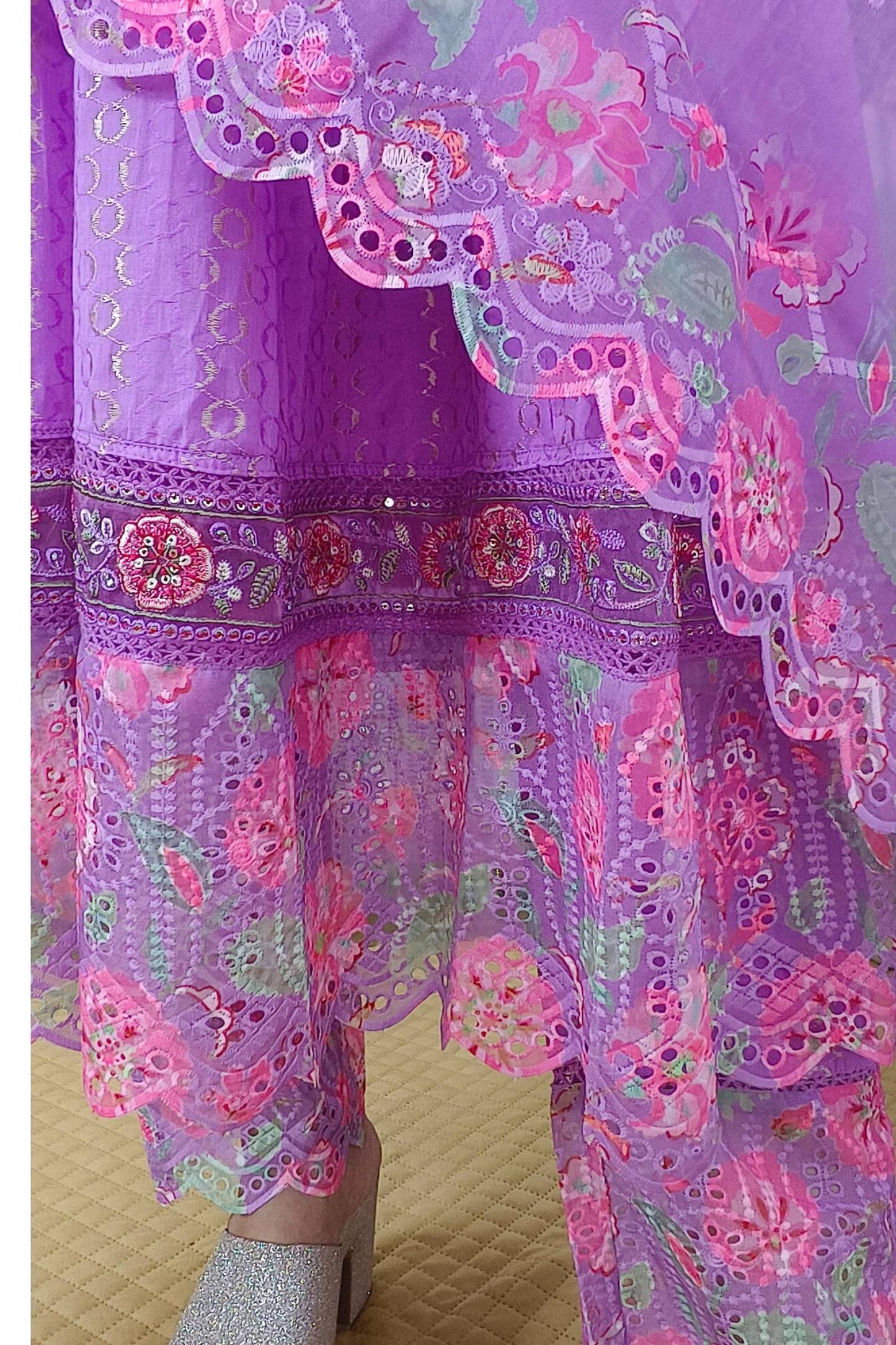 Wow Anarkali Embroidered Suit Set In Cotton Dobby With Beautiful Organza Embroidered Duppatta In Purple