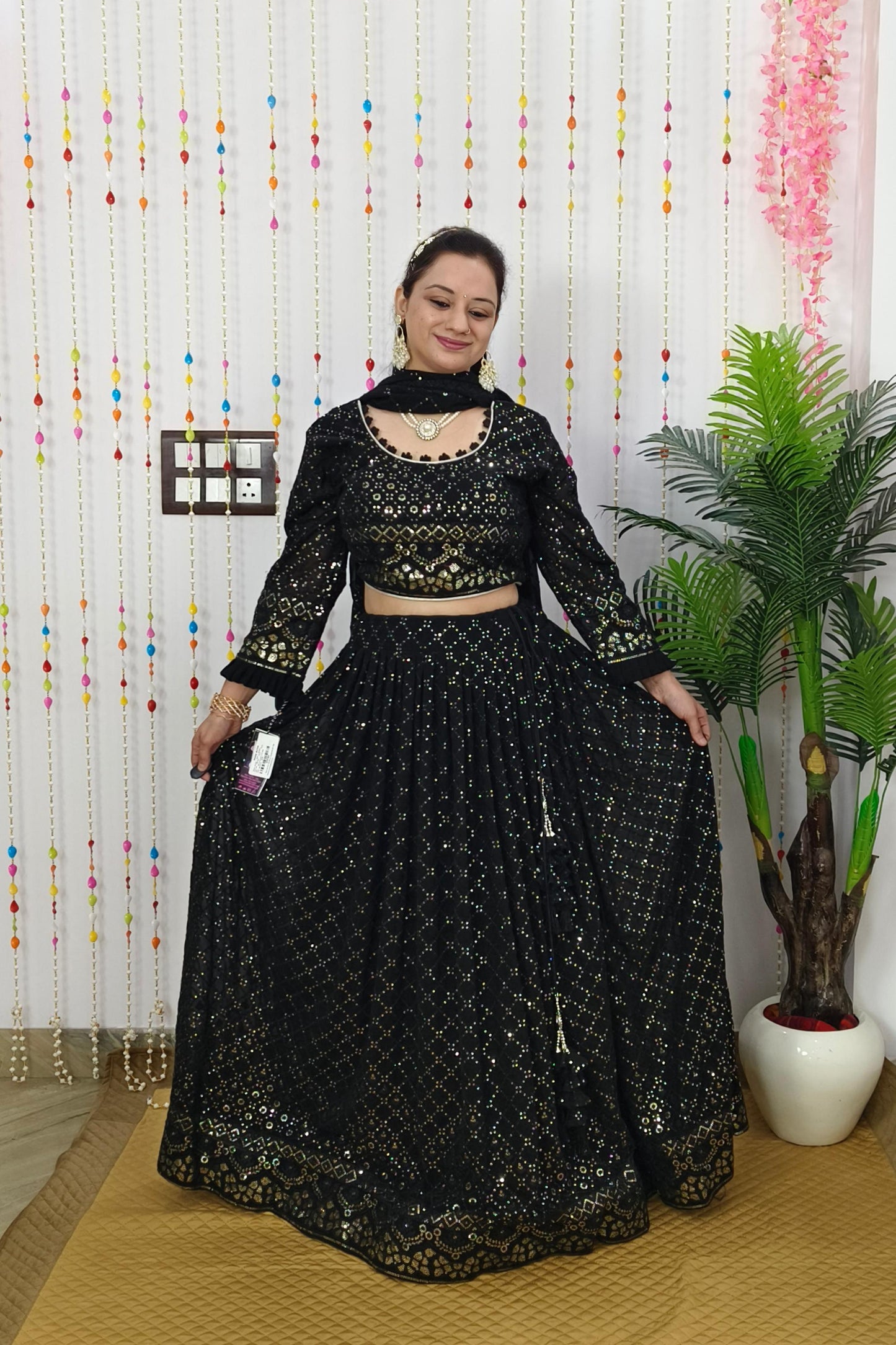 Chikan Thread Embroidered Sequence Work lehenga Choli In Black