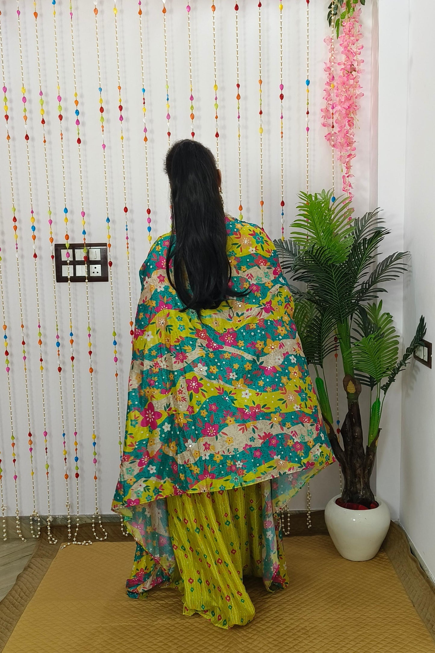 Crop Top Sharara With Shrug Printed Dress For Haldi Ceremony In Neon Yellow