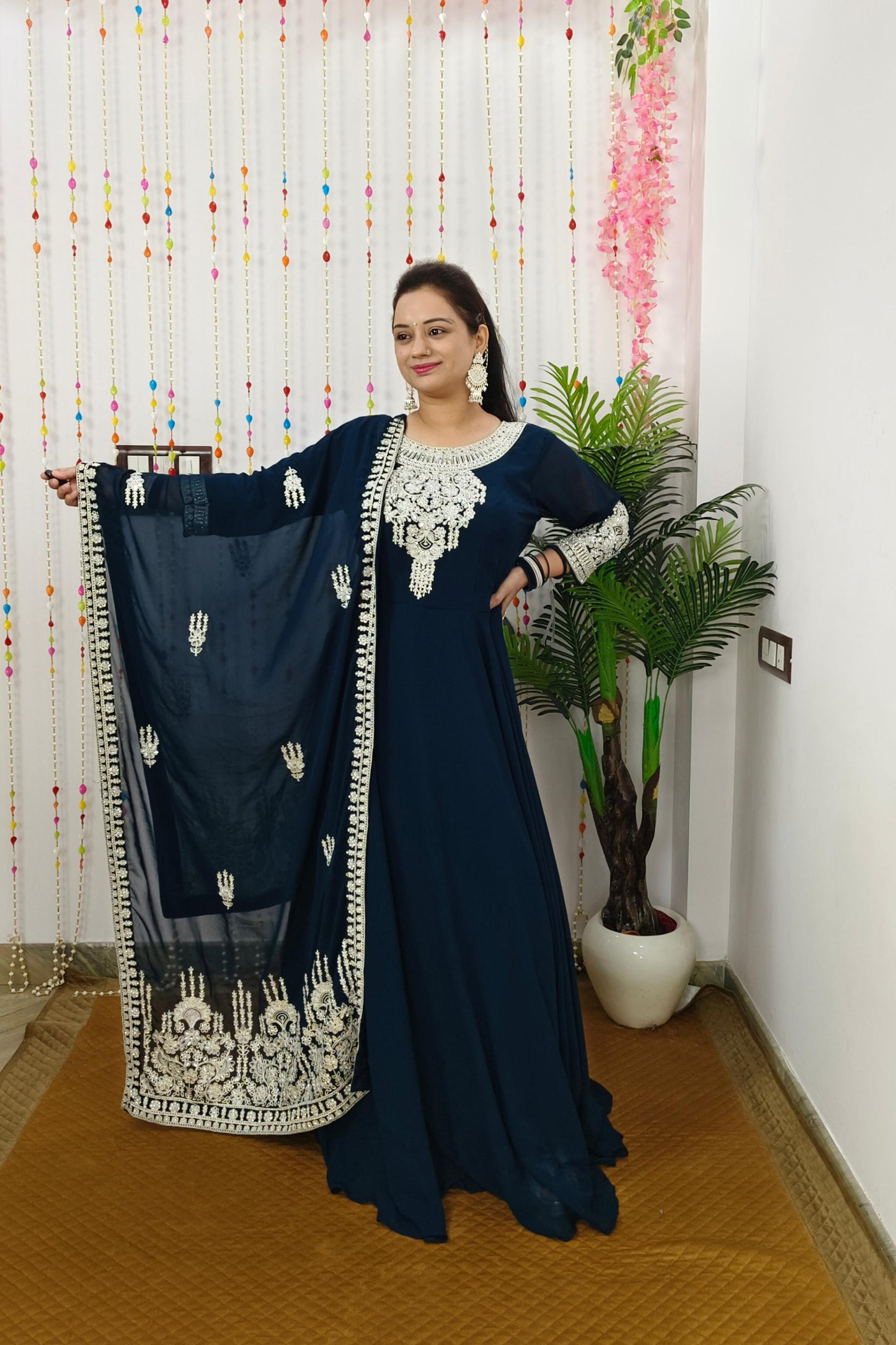 Anarkali Partywear Dress With Elegant Contrast embroidery With Heavy Duppatta