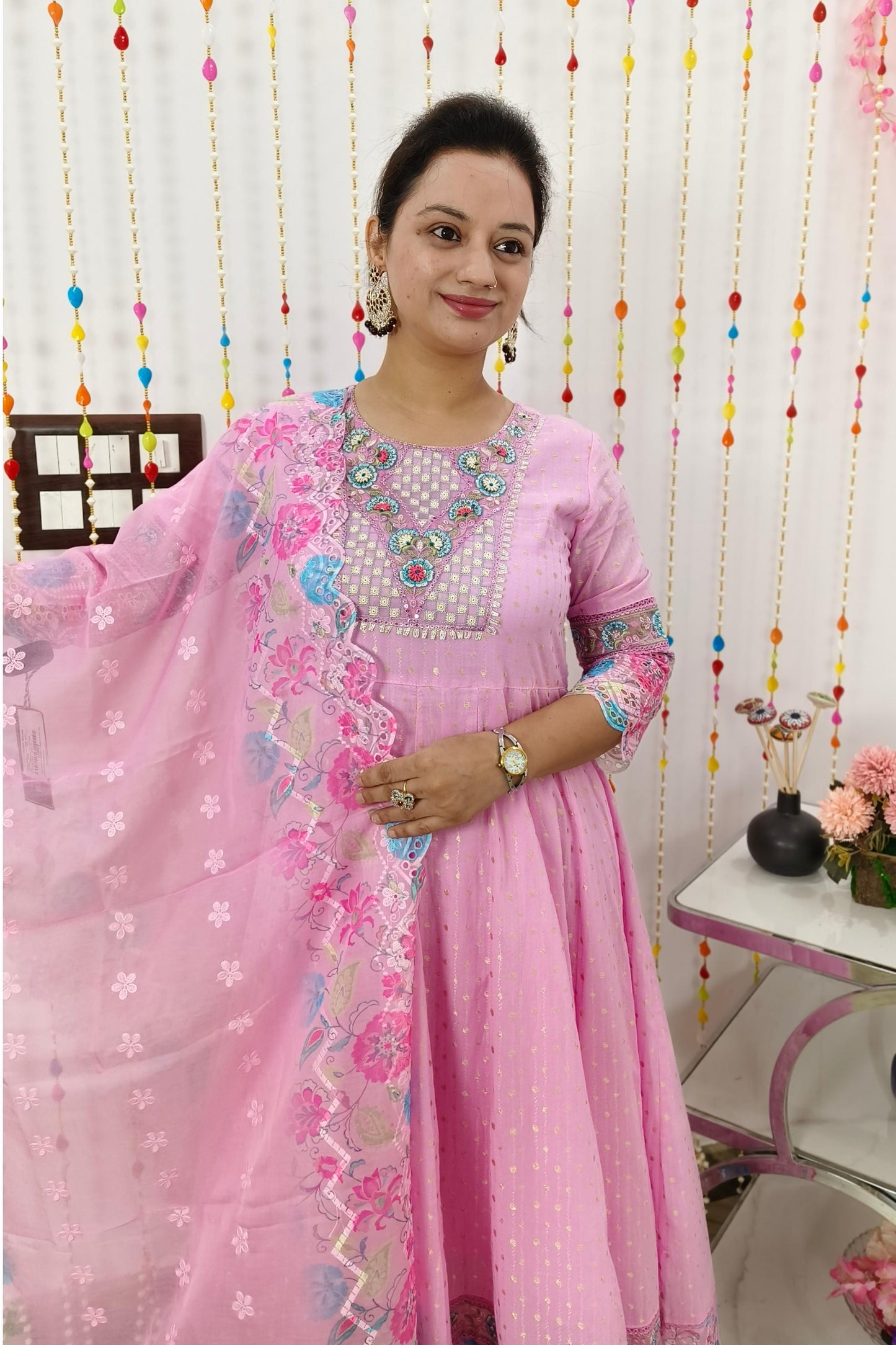 Full Flared Anarkali Embroidered Suit Set With Multi Work Scalping Organza Duppatta in Pink