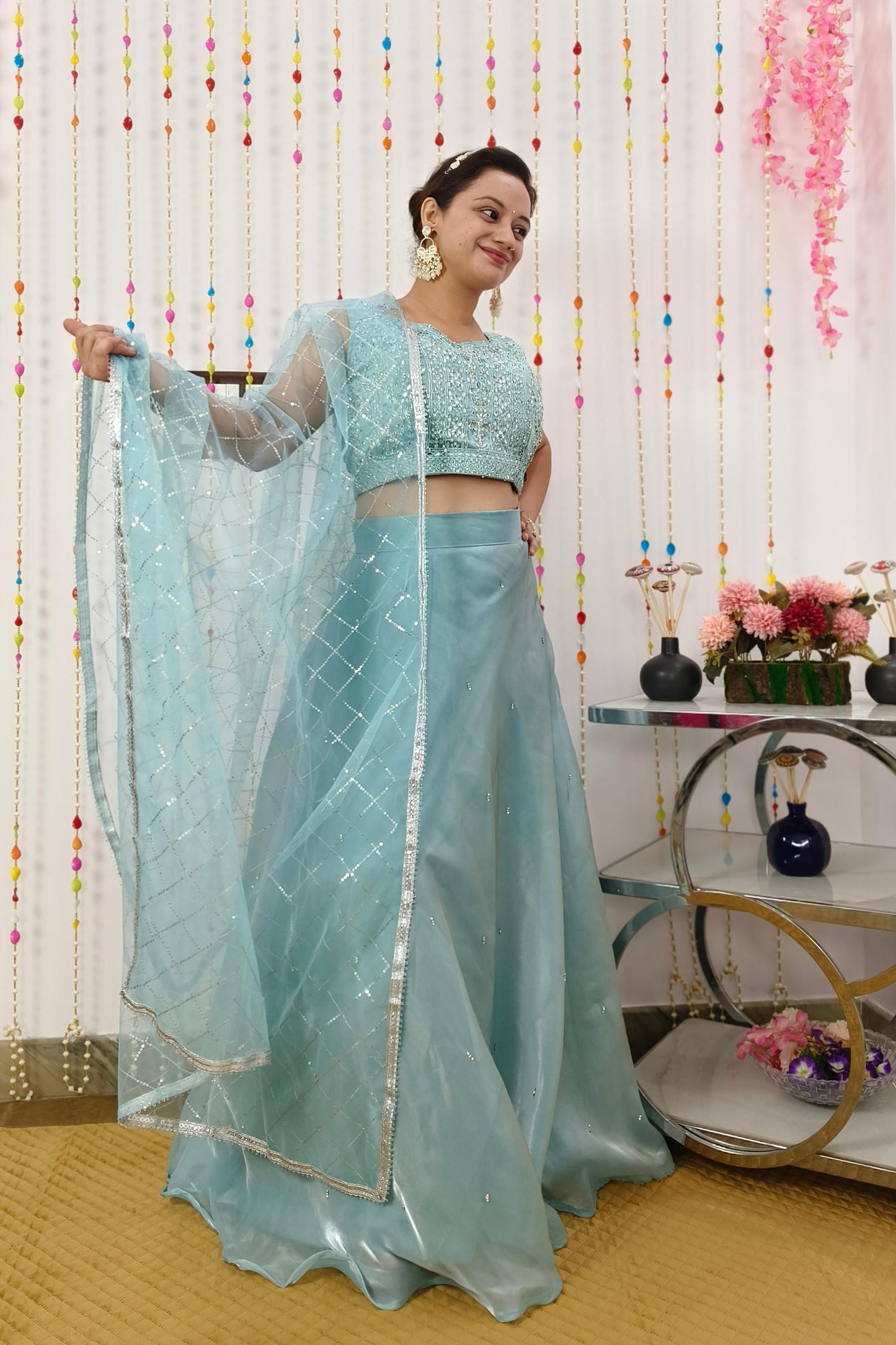 Hand Embellished Crop Top In Organza With Full Flared Skirt In Sky Blue