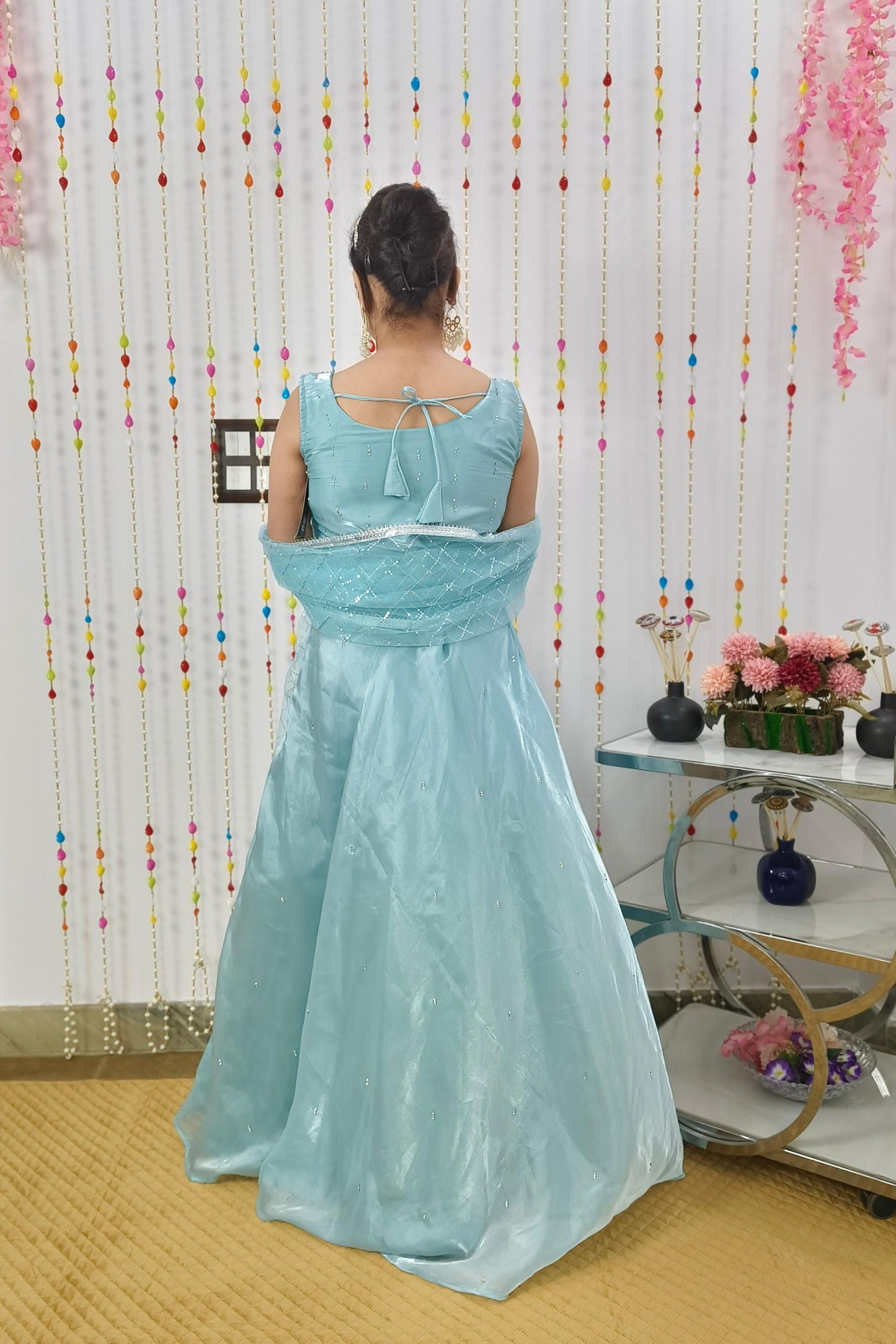 Hand Embellished Crop Top In Organza With Full Flared Skirt In Sky Blue