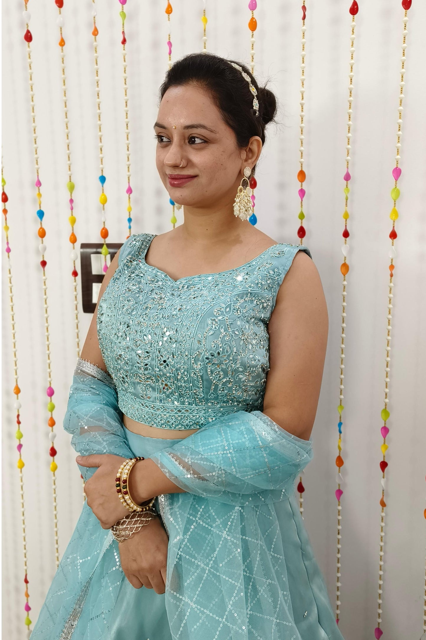 Hand Embellished Crop Top In Organza With Full Flared Skirt In Sky Blue
