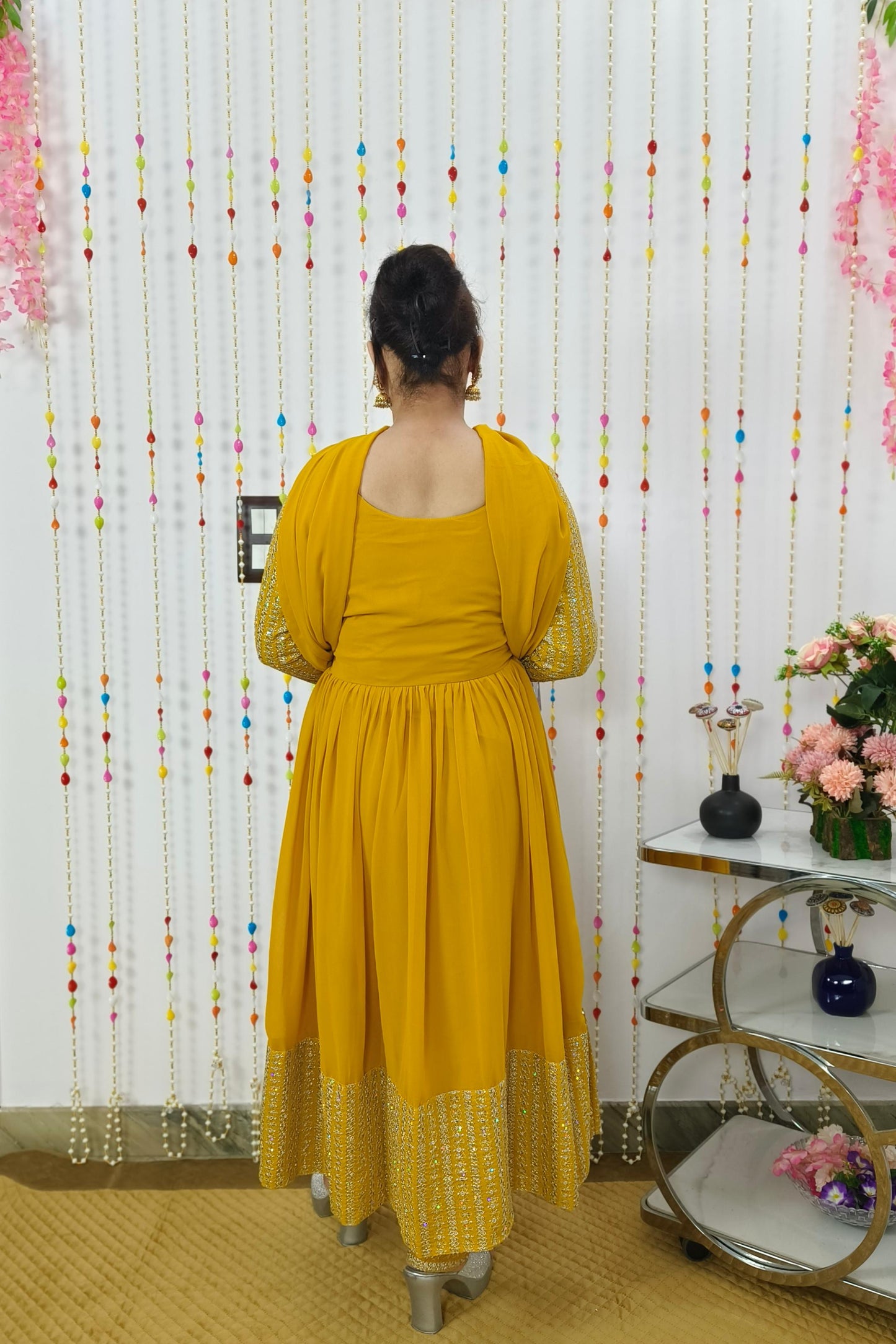 Long Anarkali Embroidered Suit With Bottom Pants in Georgette In Mustard yellow